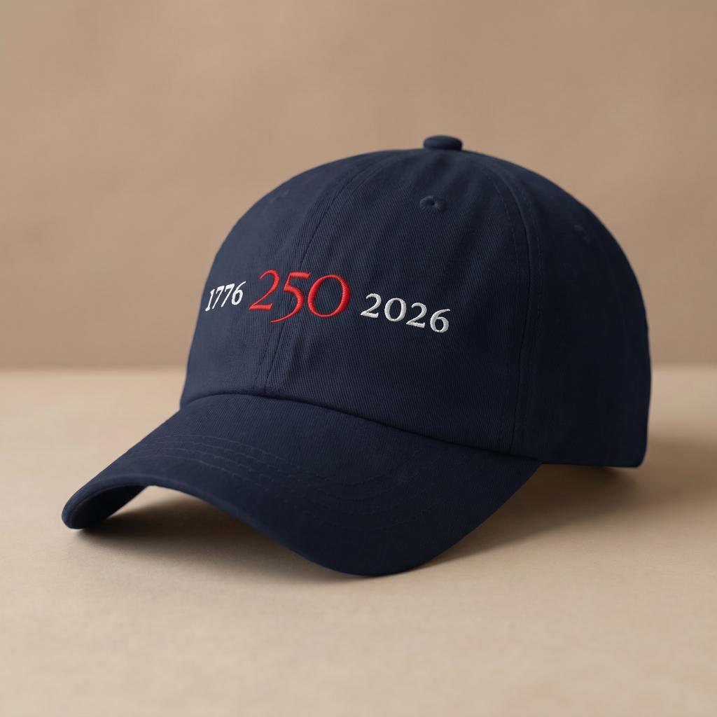 Navy 1776–2026 hat with red and white front design.
