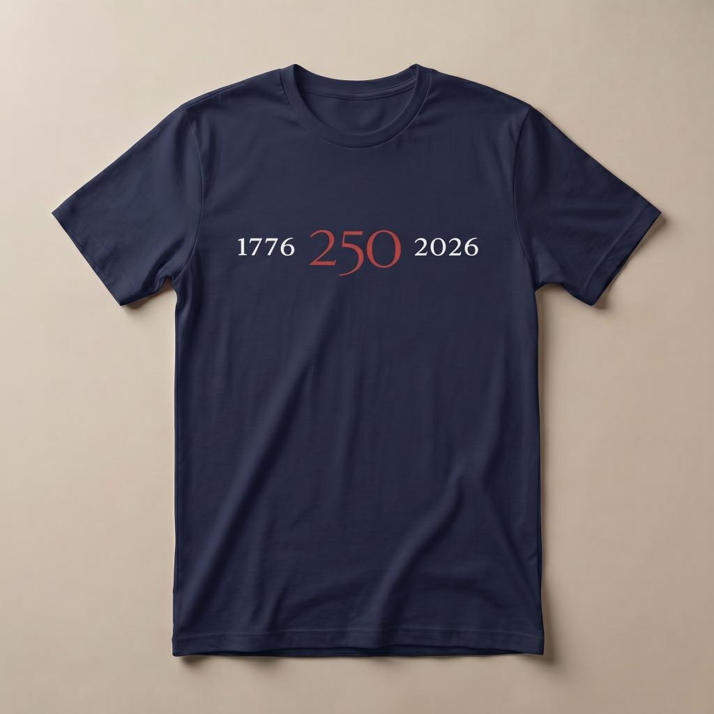Navy 1776–2026 graphic tee with red “250” center design on the front.