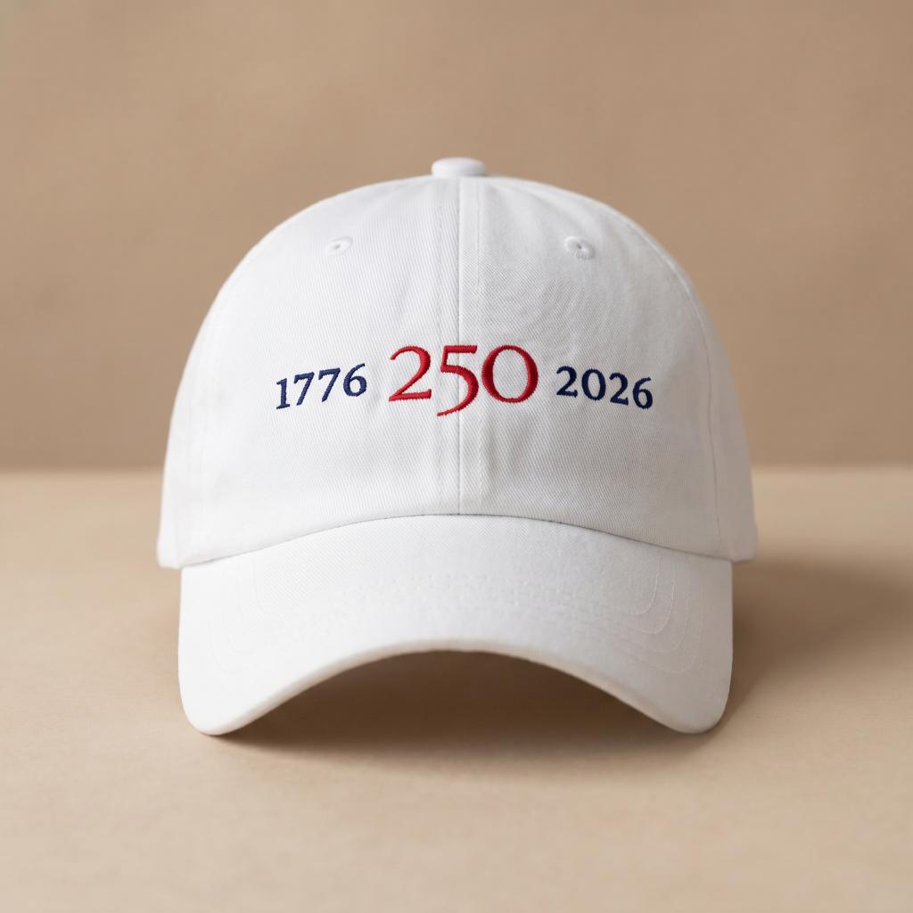 White 1776–2026 embroidered hat with red and navy front embroidery.