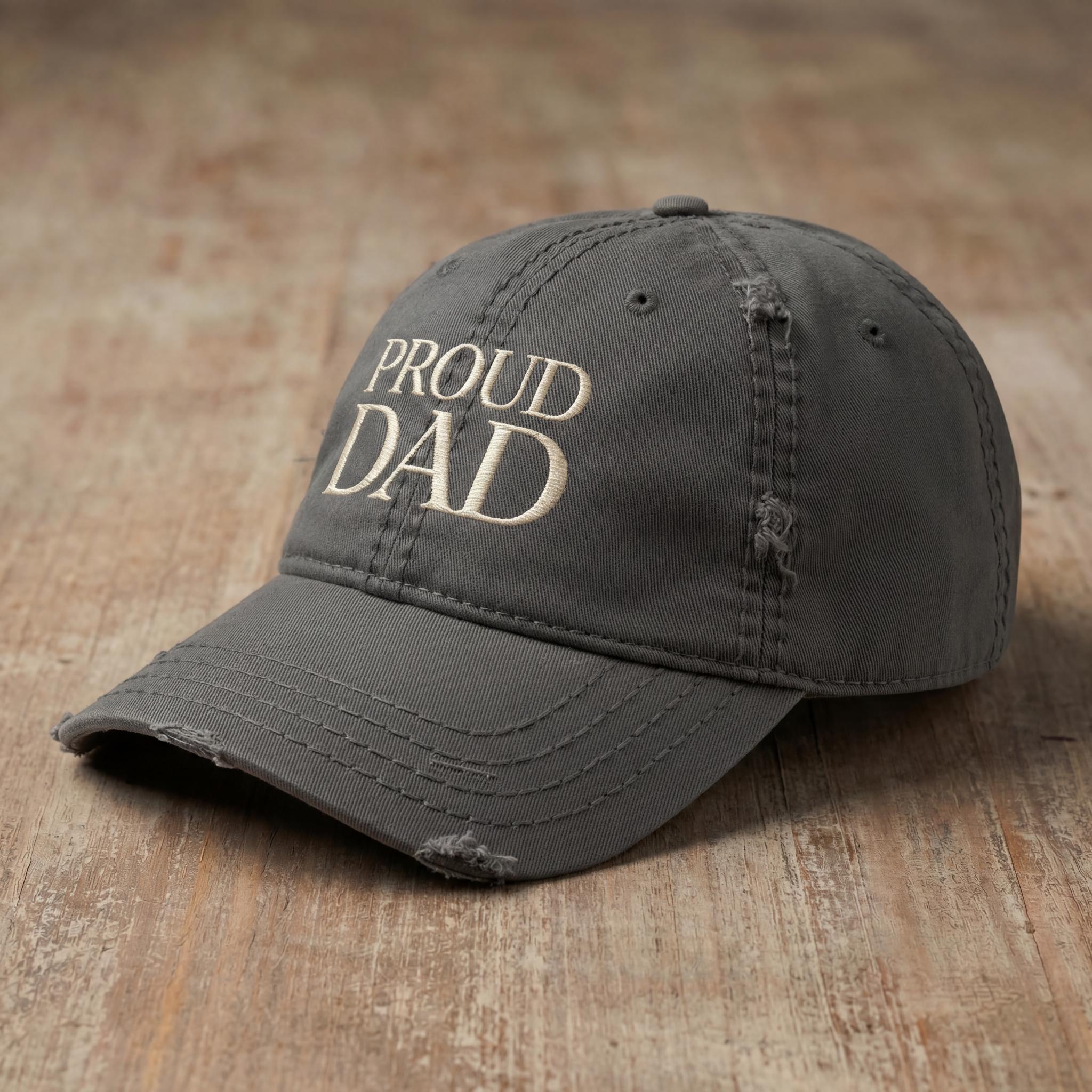 Charcoal Proud Dad embroidered hat shown from a side angle.