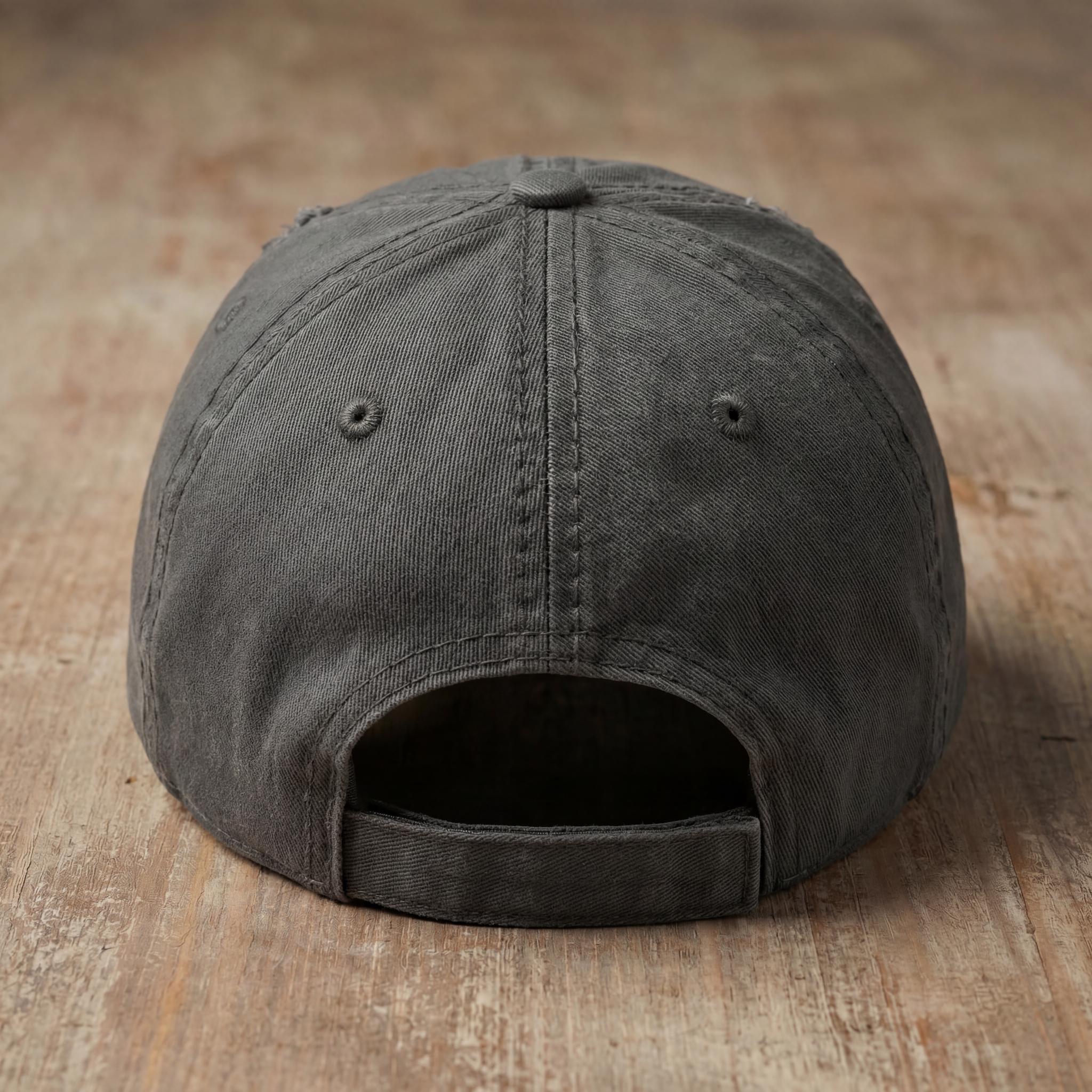 Charcoal PATRIARCH embroidered hat with adjustable back strap visible.