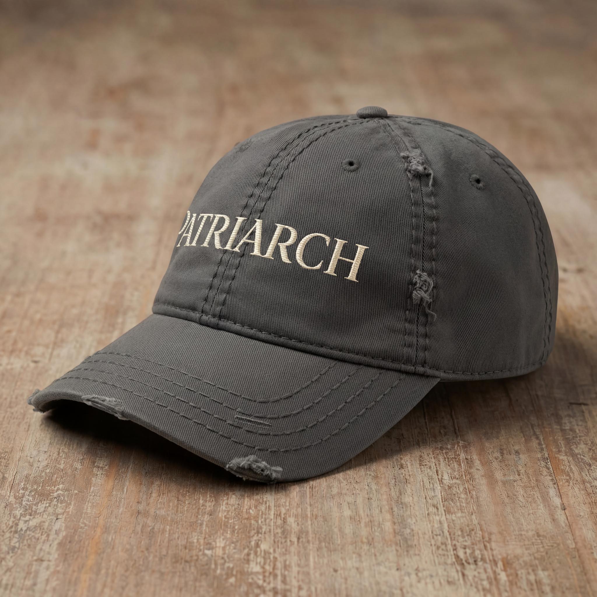 Charcoal PATRIARCH embroidered hat shown from a side angle.