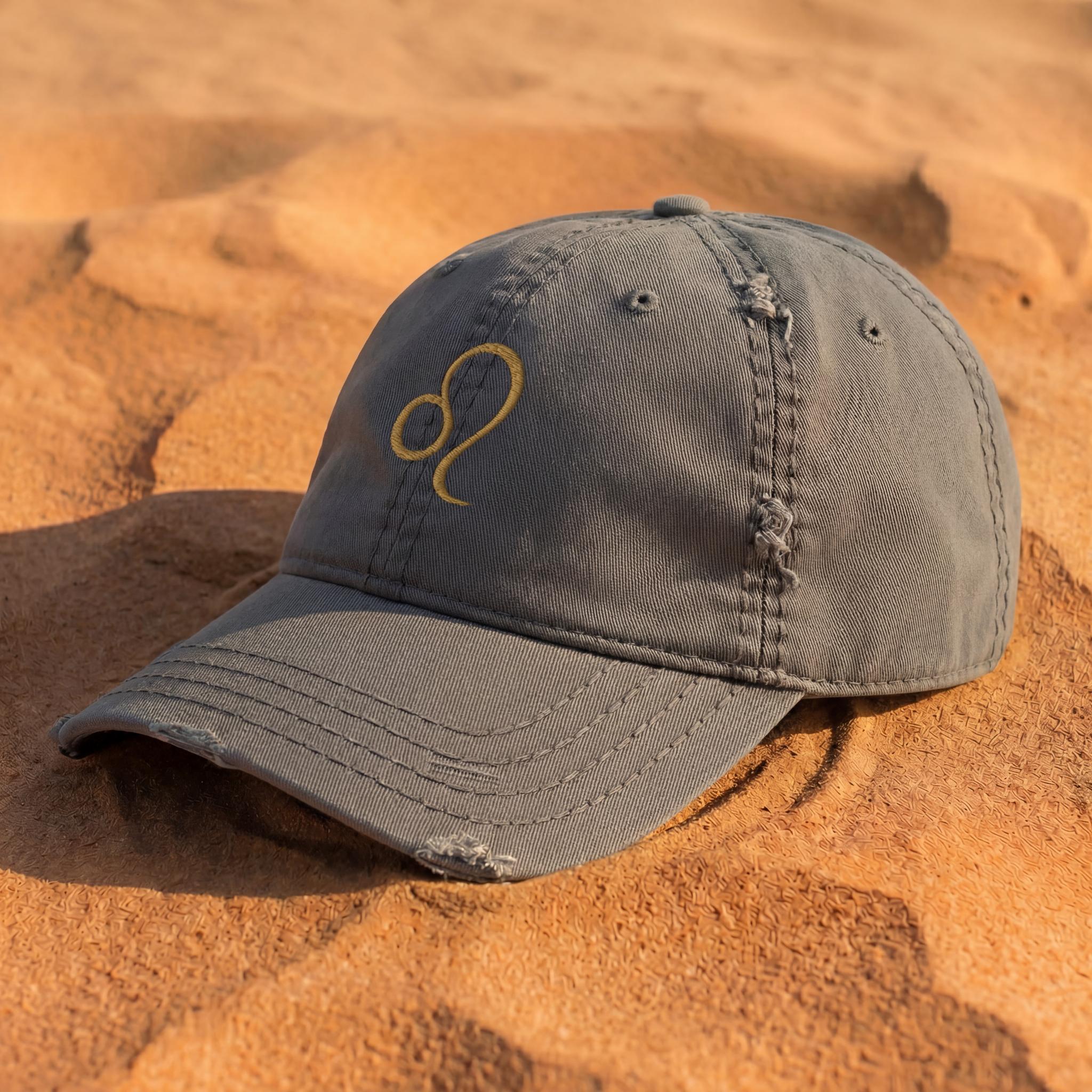 Charcoal Leo embroidered cap shown from a side angle.