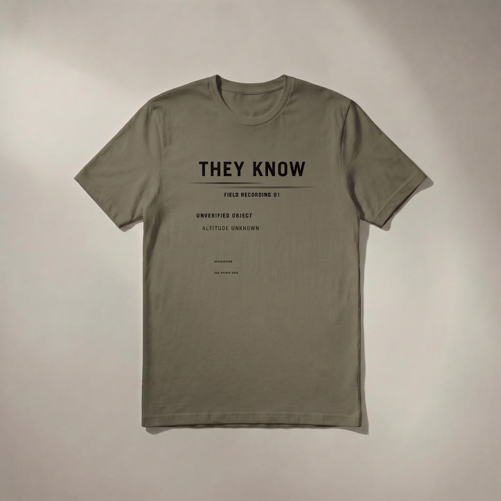 ArmyGreenTee They Know graphic tee with black front design.