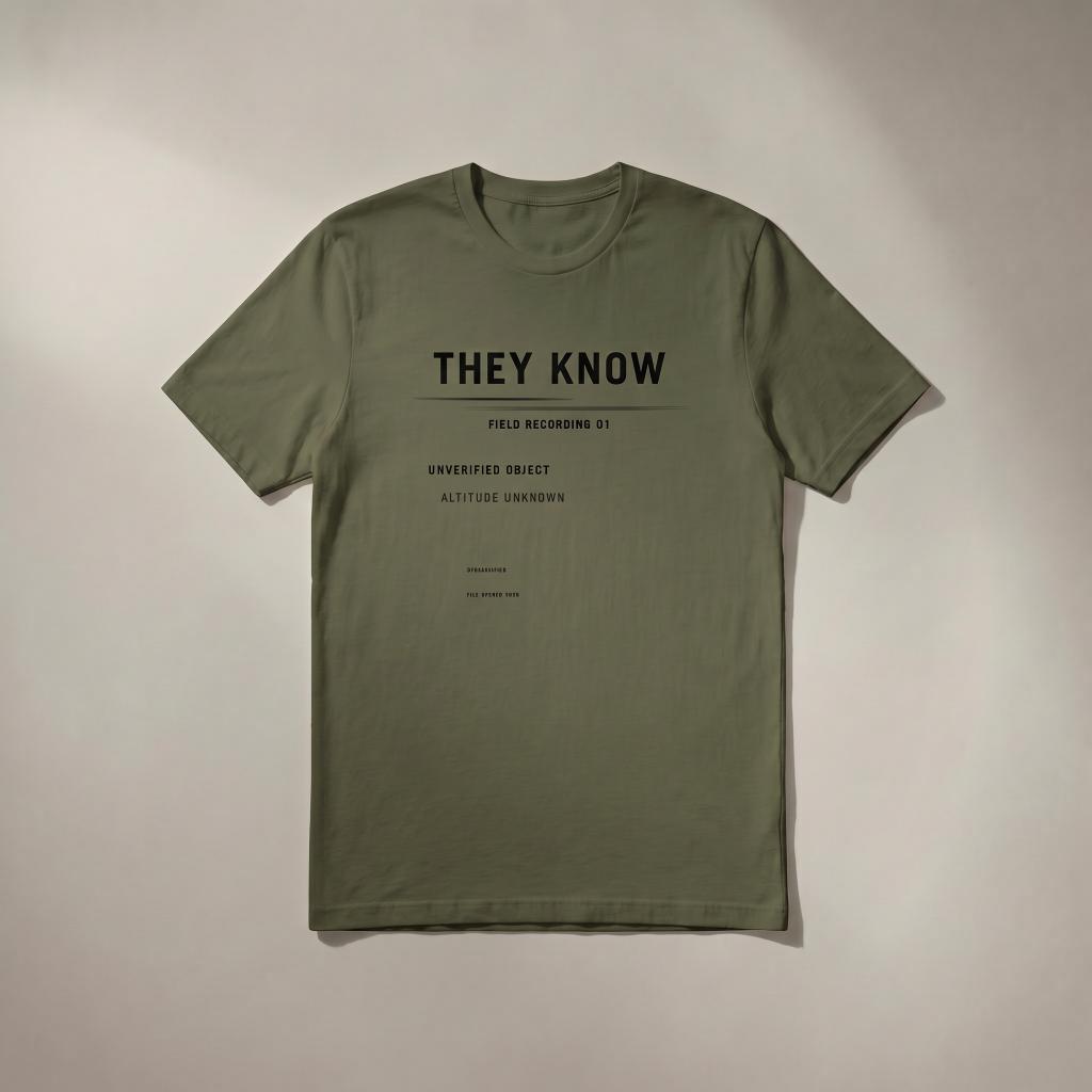 MilitaryGreenTee They Know graphic tee with black front design.
