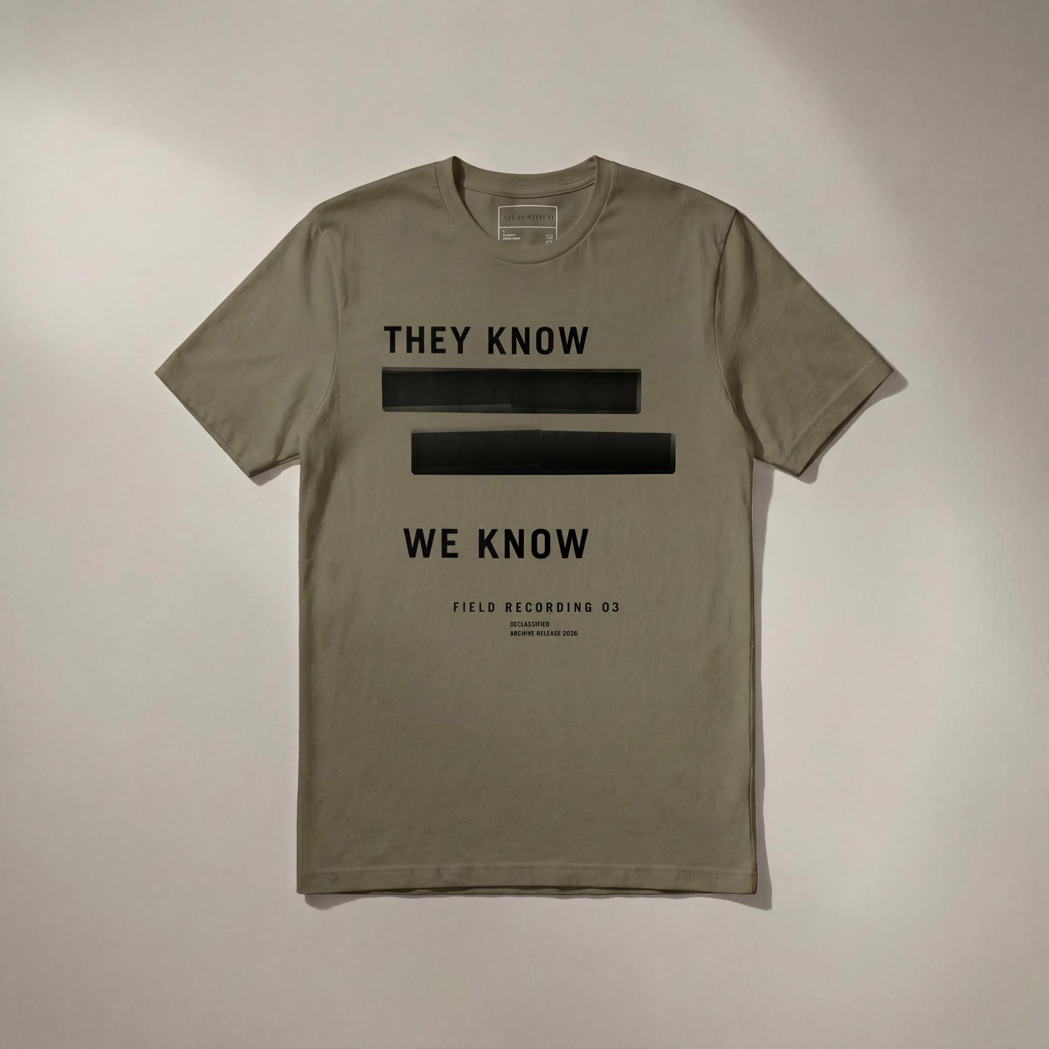 ArmyGreenTee They Know Redacted graphic tee with black front design.