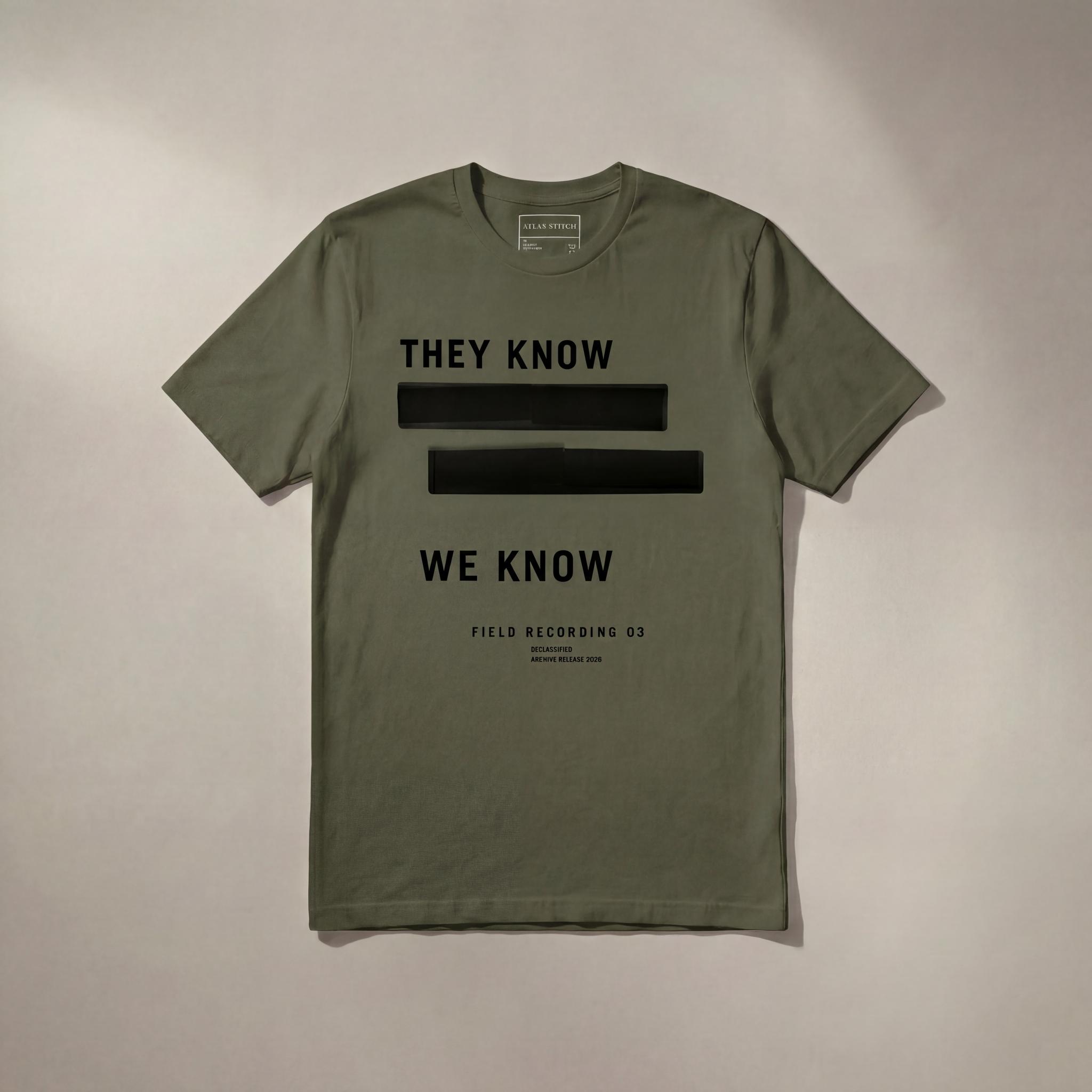MilitaryGreenTee They Know Redacted graphic tee with black front design.