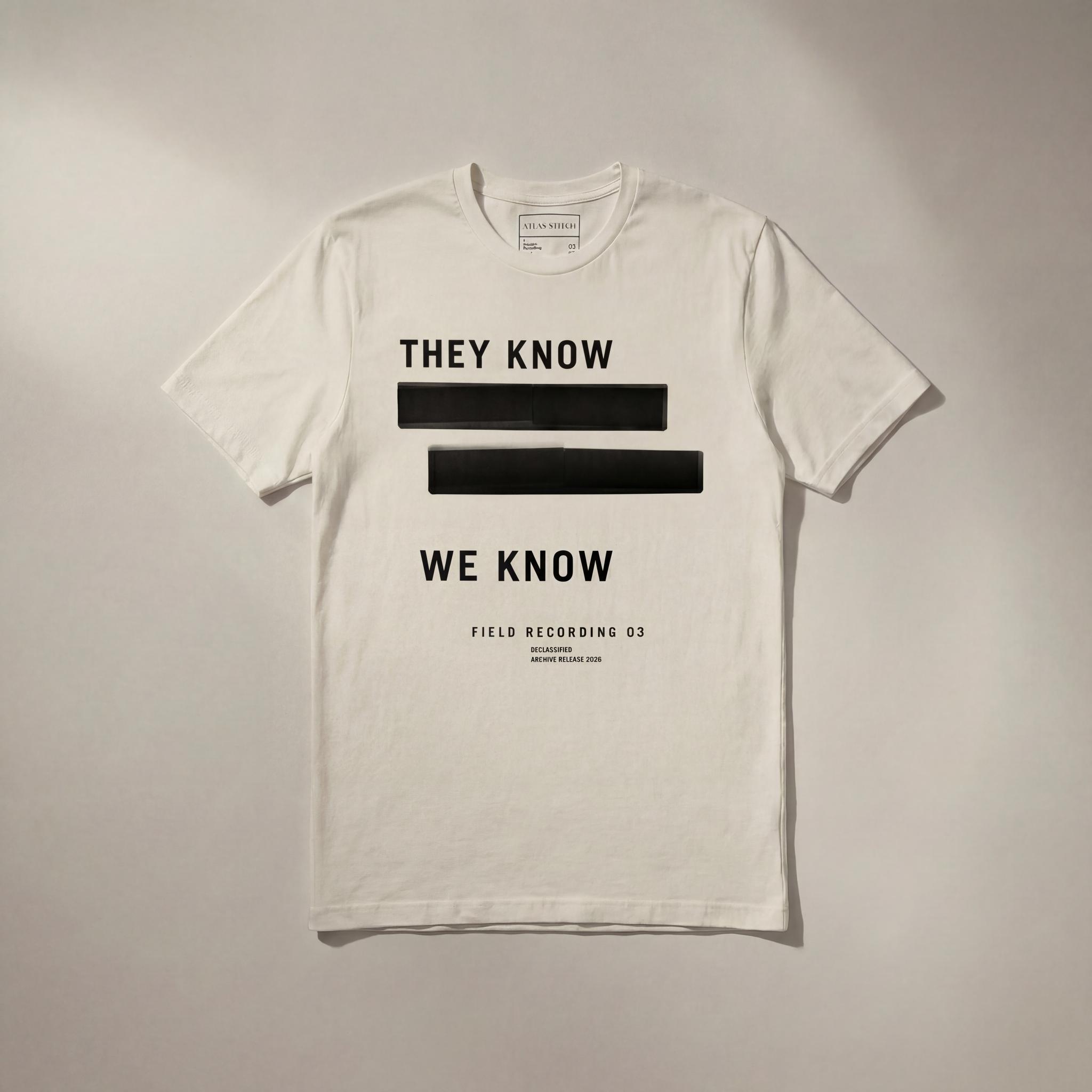 VintageWhiteTee They Know Redacted graphic tee with black front design.