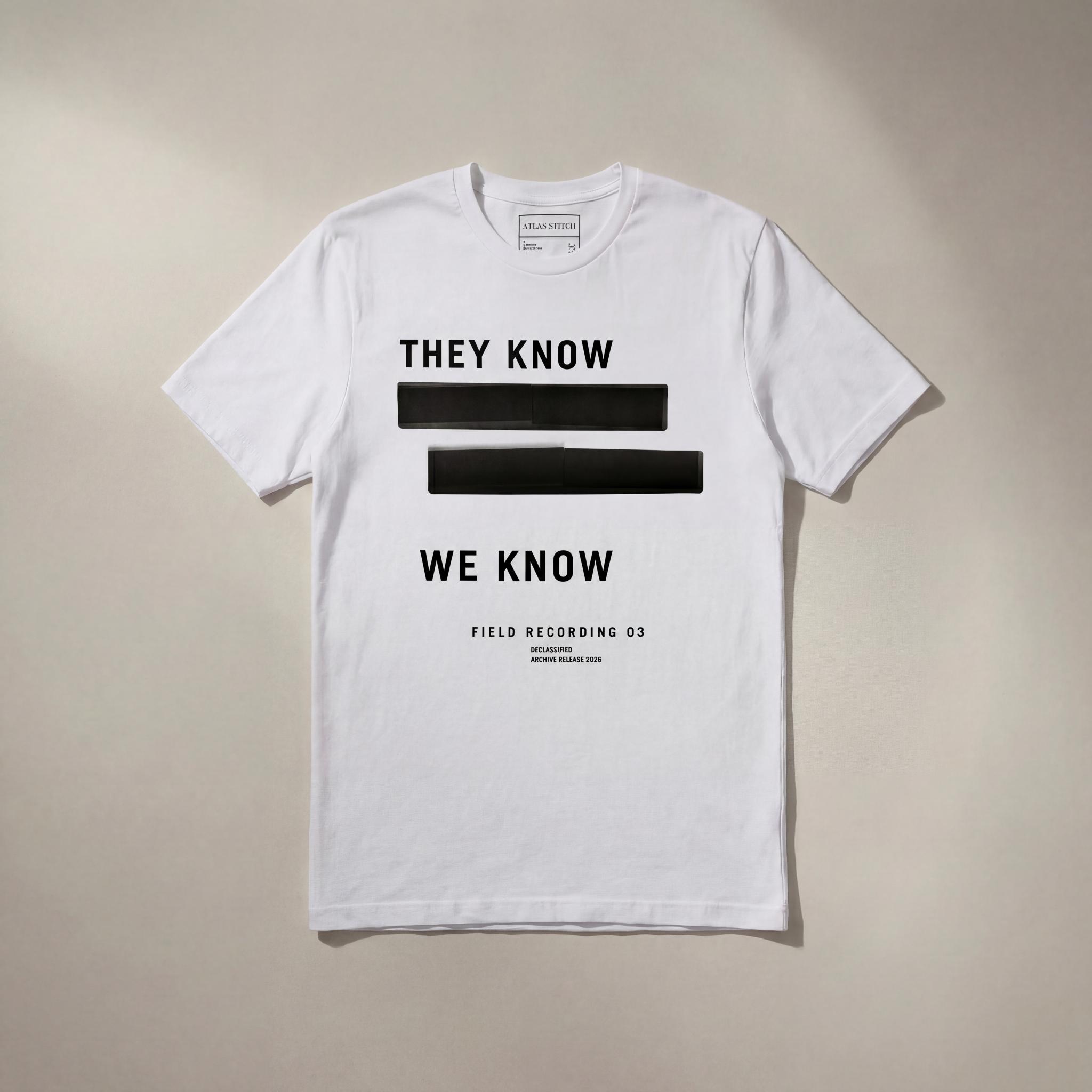 WhiteTee They Know Redacted graphic tee with black front design.