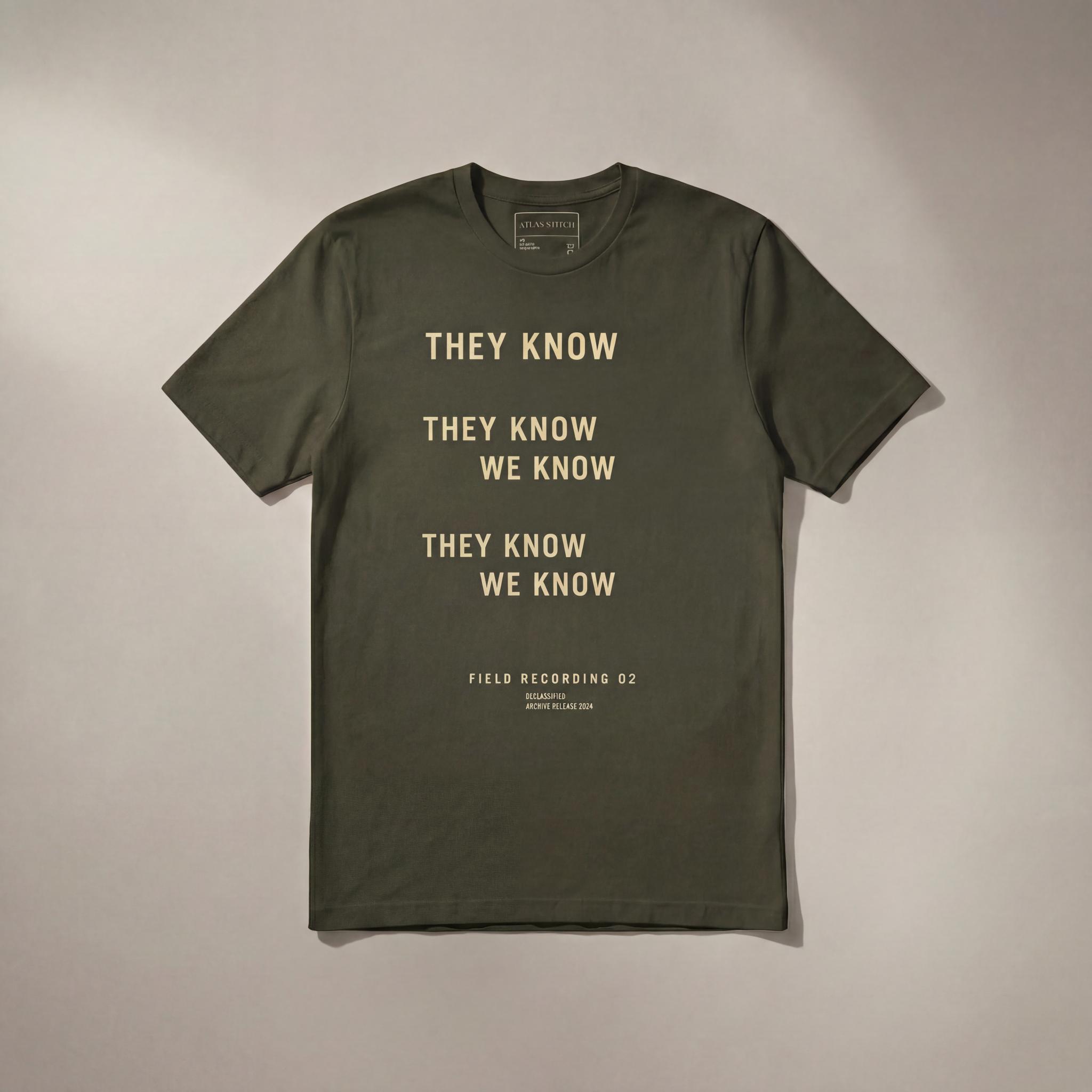 MilitaryGreenTee They Know We Know graphic tee with front design visible.