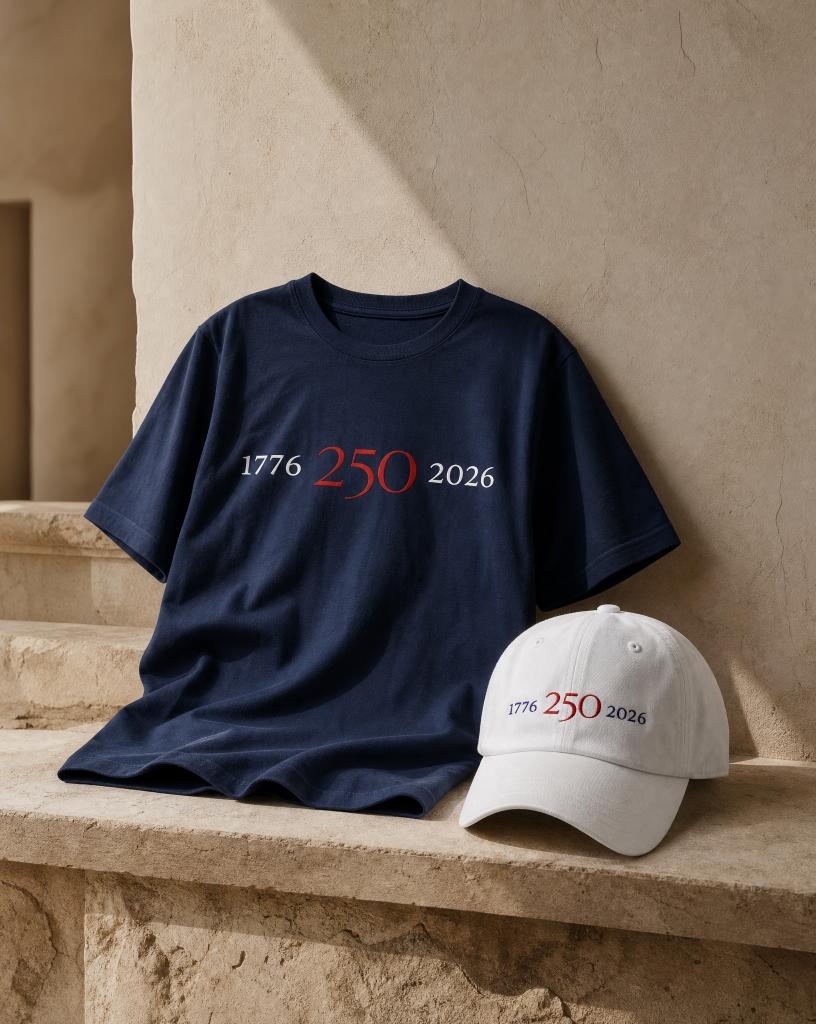 Navy 1776–2026 graphic tee and white embroidered 1776–2026 hat.