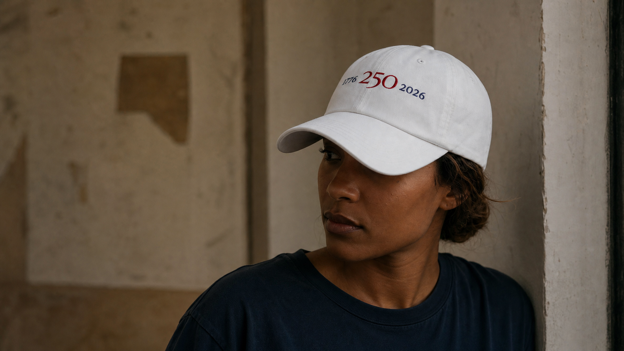 Woman wearing white 1776–2026 embroidered cap and navy tee from Atlas Stitch.