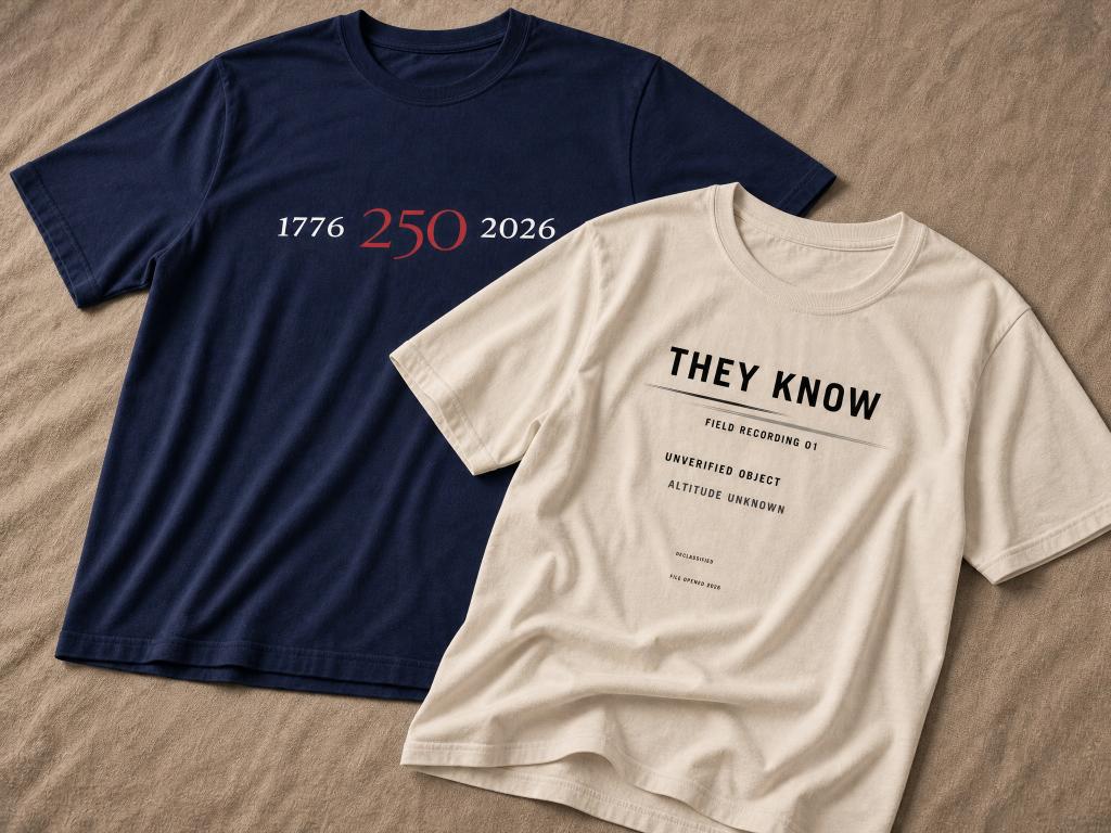 Atlas Stitch graphic tees including the navy 1776–2026 tee and white They Know tee.