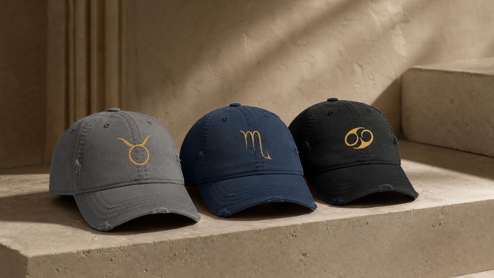 Charcoal Taurus embroidered cap, navy Scorpio embroidered cap, and black Cancer embroidered cap from the Atlas Stitch Zodiac Capsule on a warm neutral stone background.