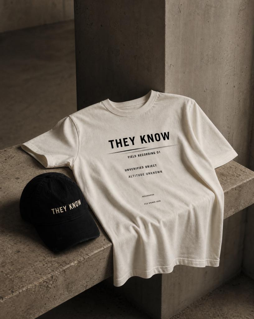 White They Know graphic tee beside black THEY KNOW embroidered hat from the Atlas Stitch They Know Capsule on a warm neutral stone background.