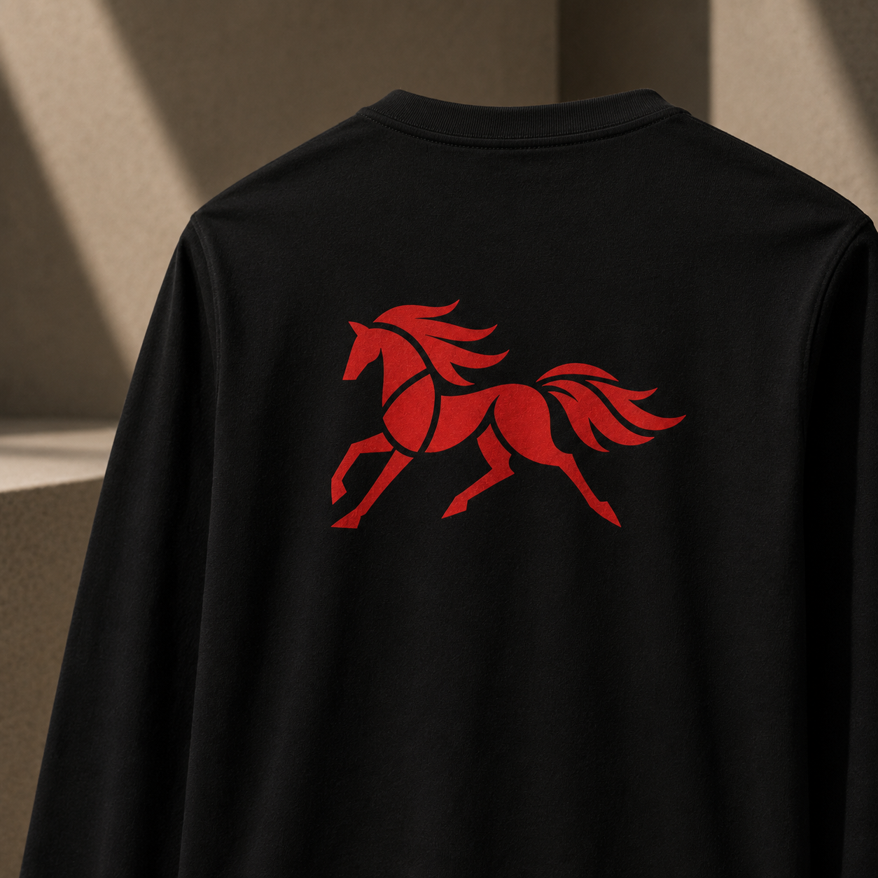Black Fire Horse long sleeve tee back view with DTG-printed horse symbol