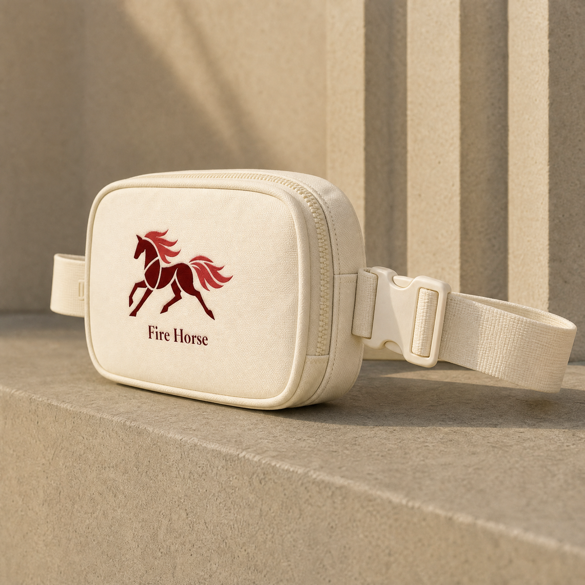 Close-up of Fire Horse embroidery on ivory crossbody bag