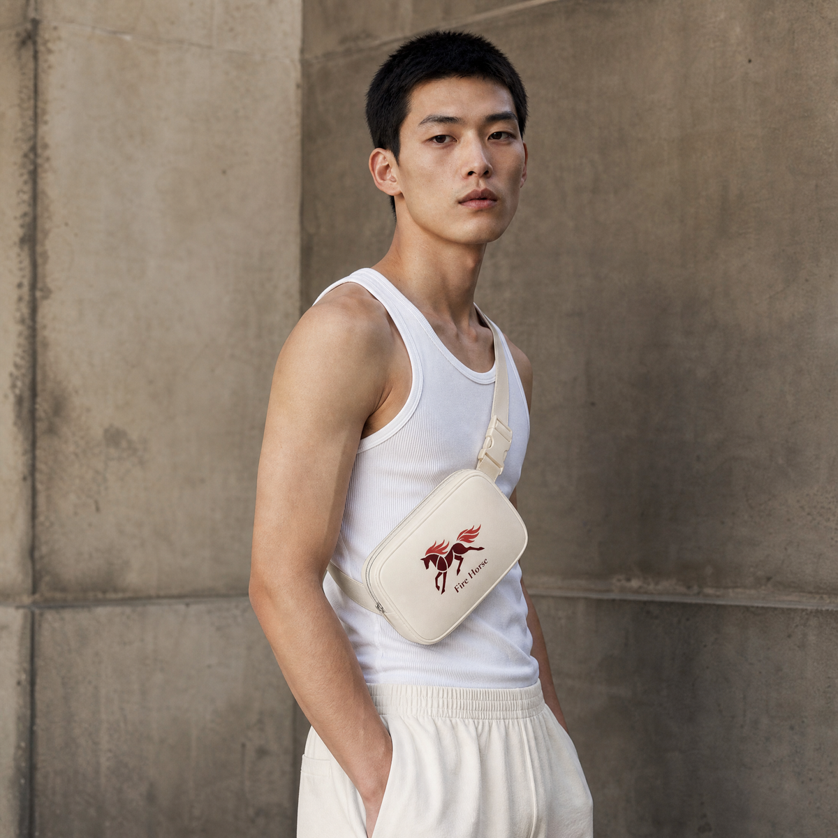A man wear Ivory Fire Horse embroidered crossbody bag