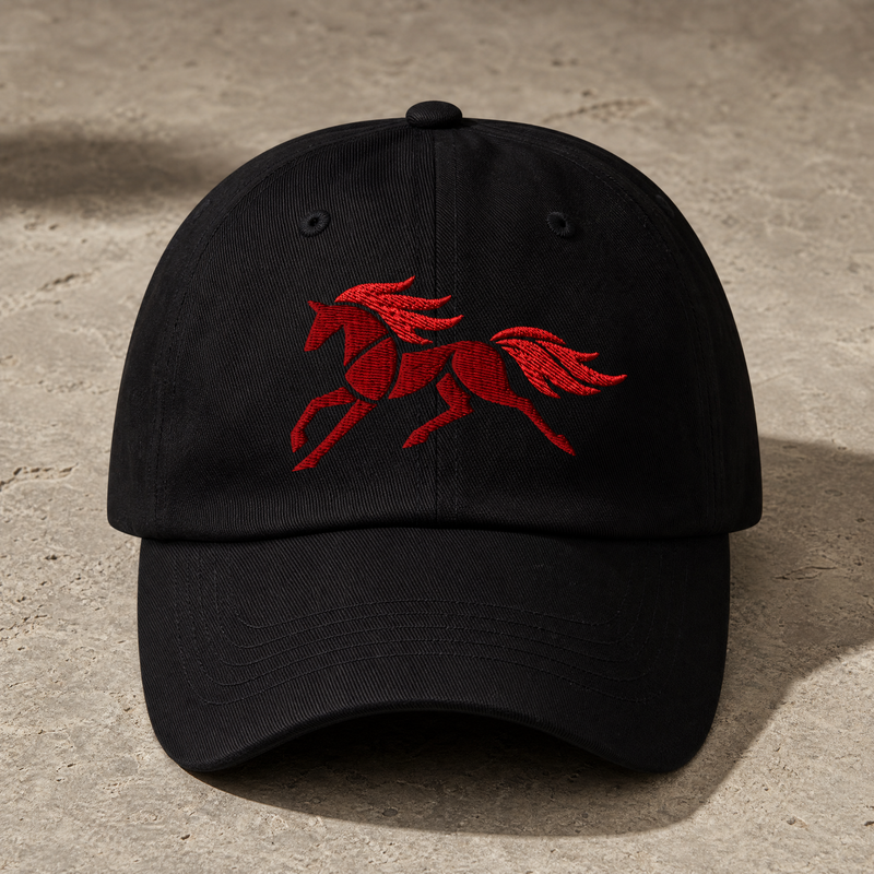 Black Fire Horse embroidered dad hat front view with red horse emblem