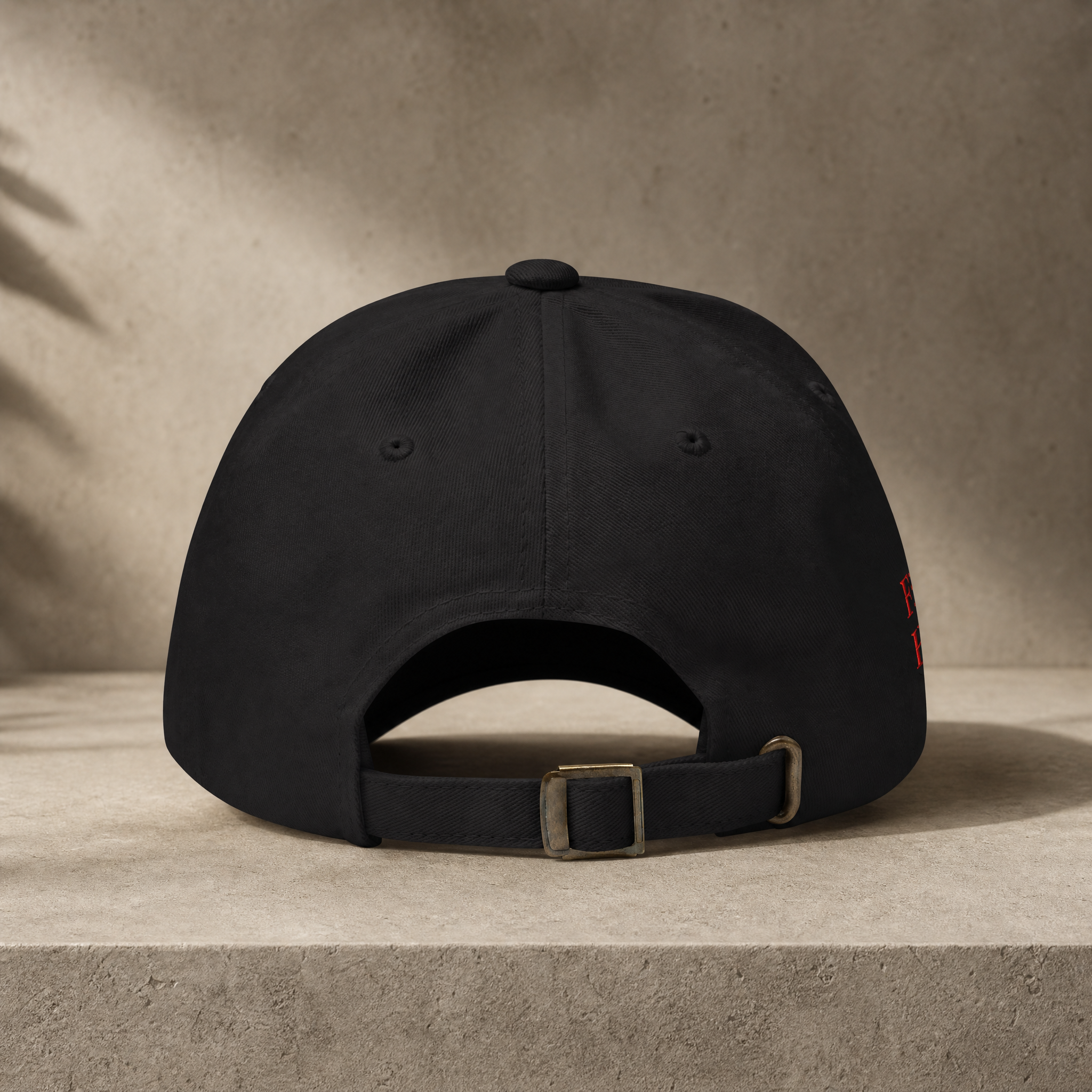 Black Fire Horse embroidered dad hat back view with adjustable antique buckle