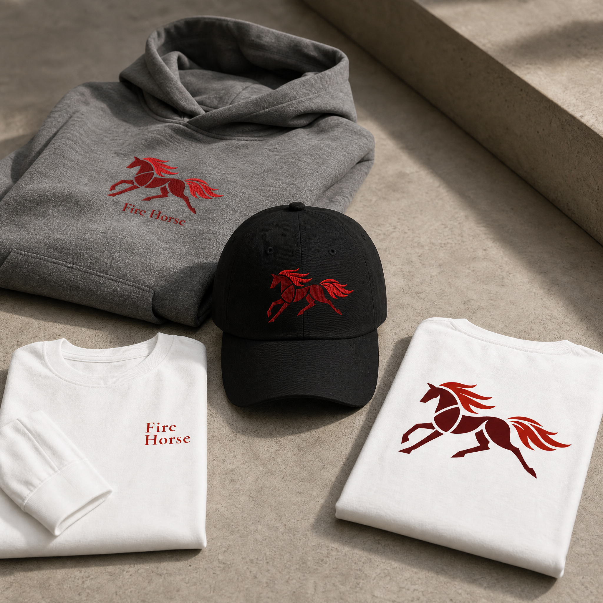 Close-up of red Fire Horse embroidery on black dad hat