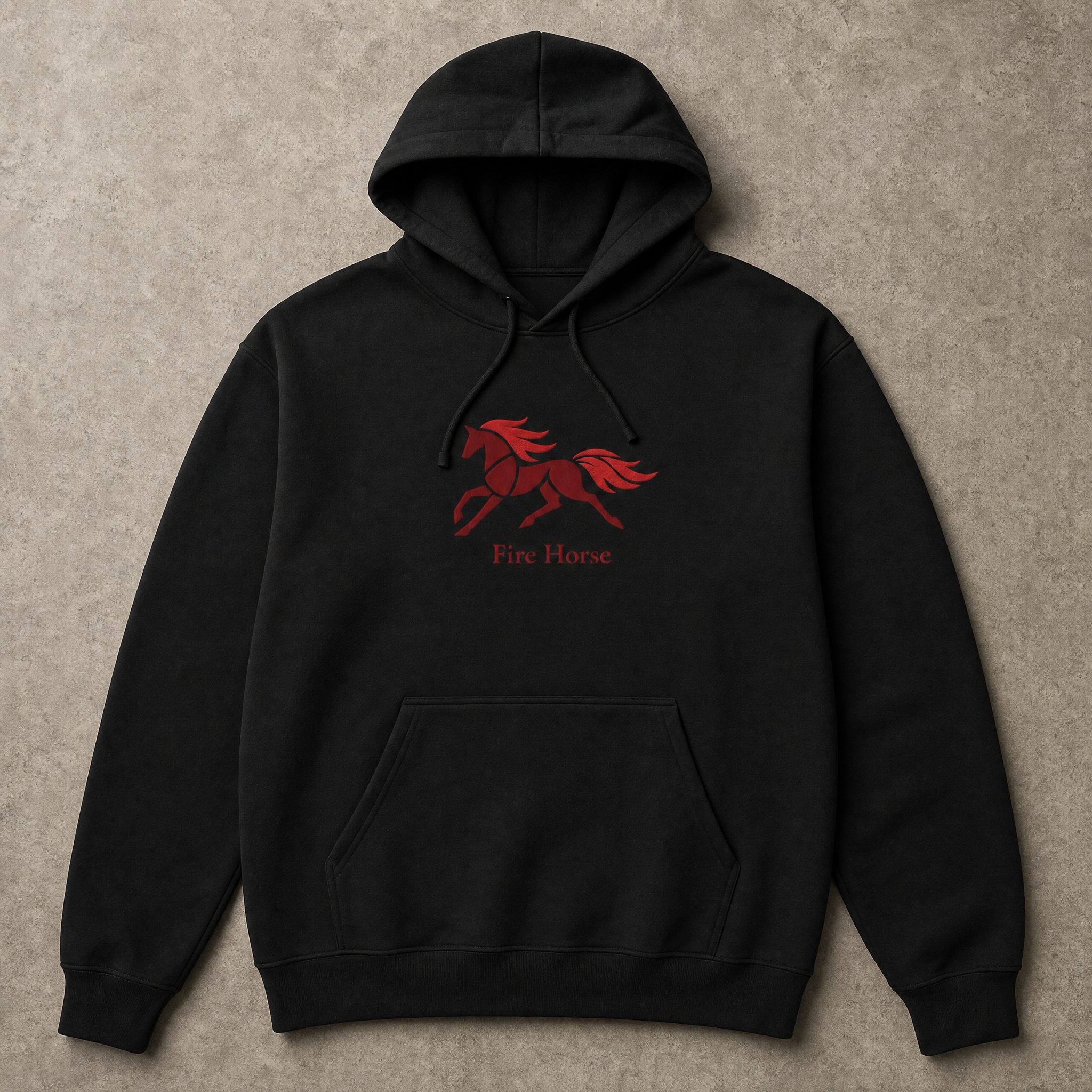 Black Fire Horse embroidered hoodie front view with horse emblem and wordmark