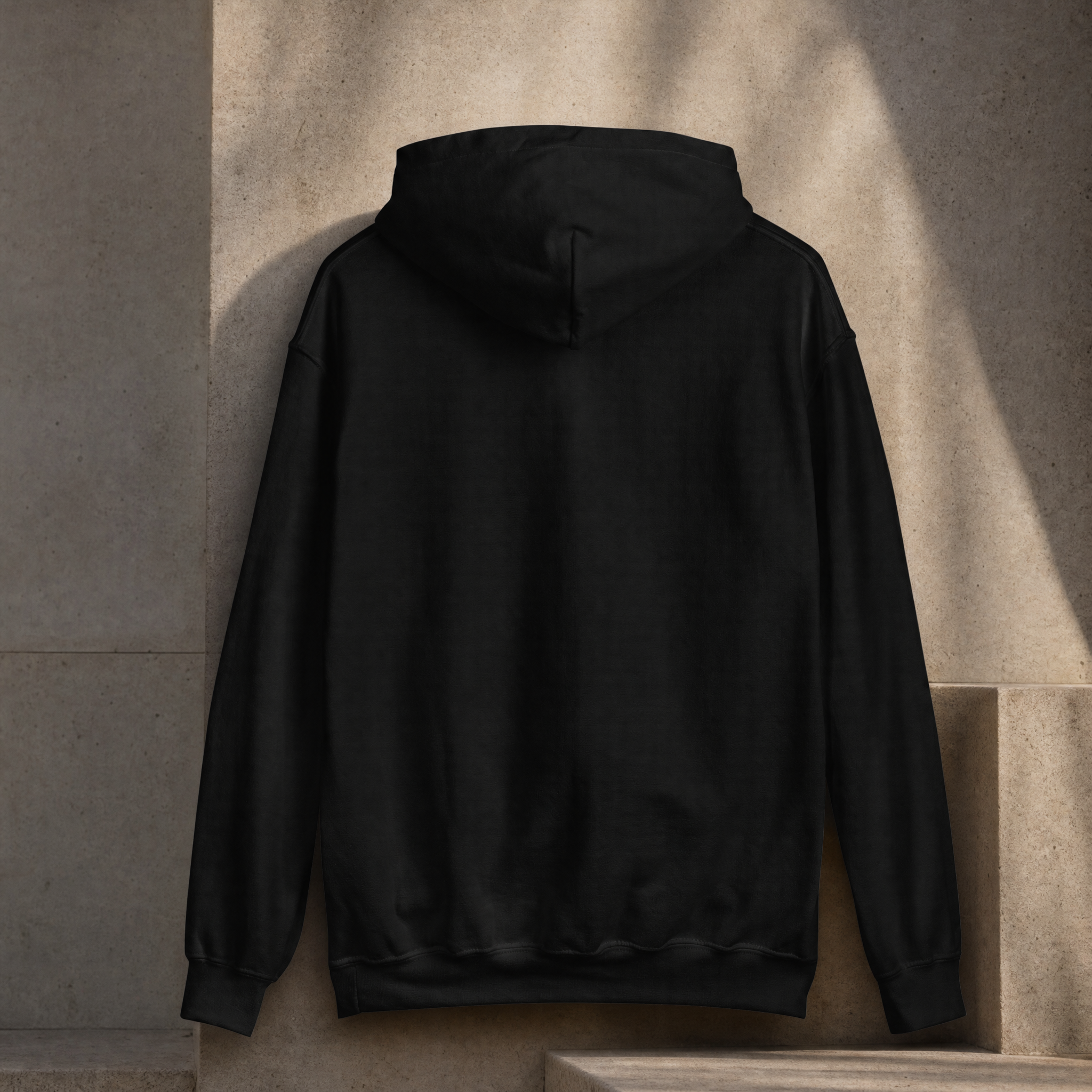 Black Fire Horse hoodie back view showing hood and fleece construction