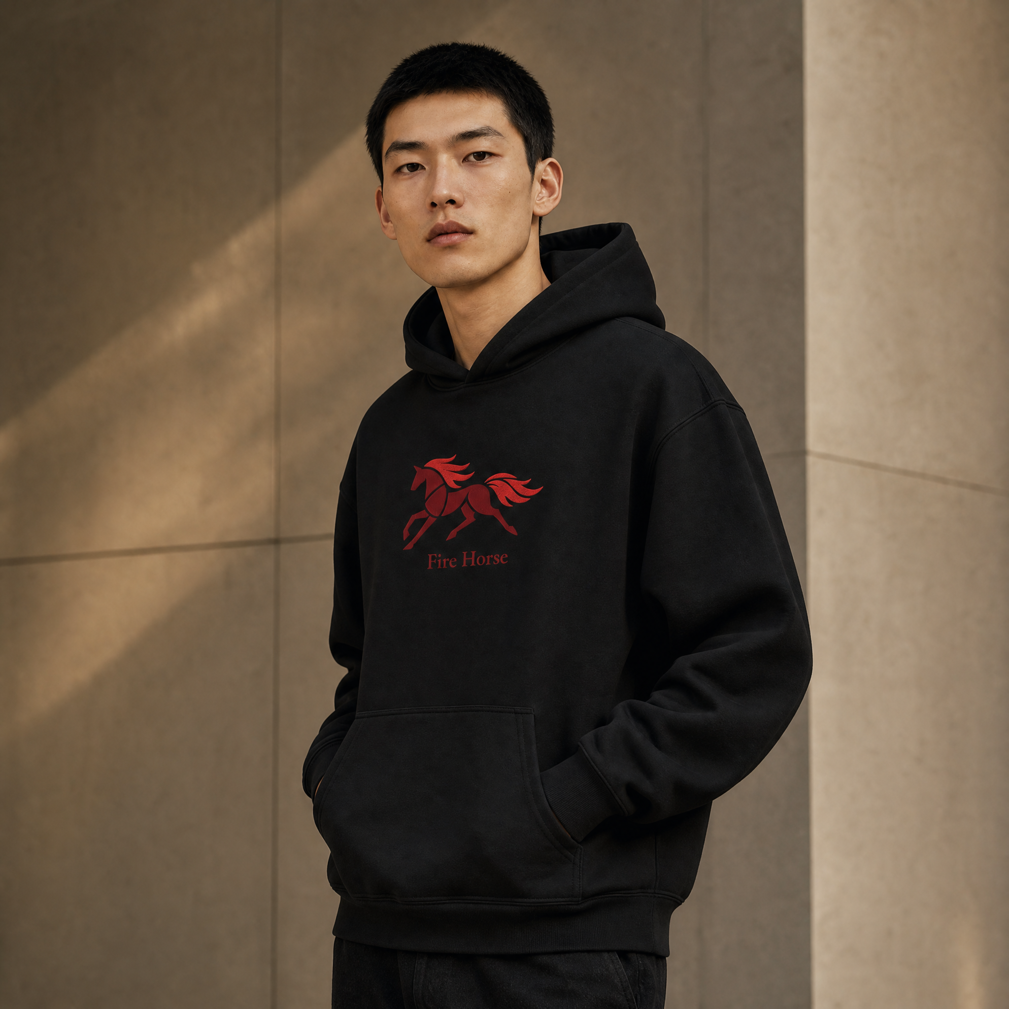 On-model view of Fire Horse embroidered hoodie in black