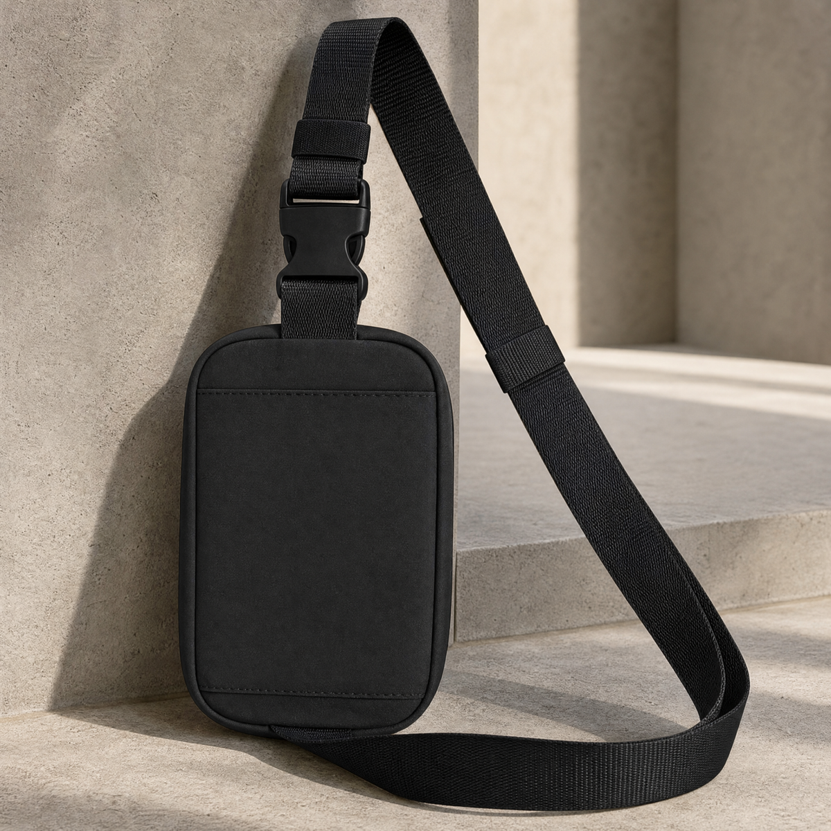 Black Fire Horse crossbody bag back view with adjustable strap