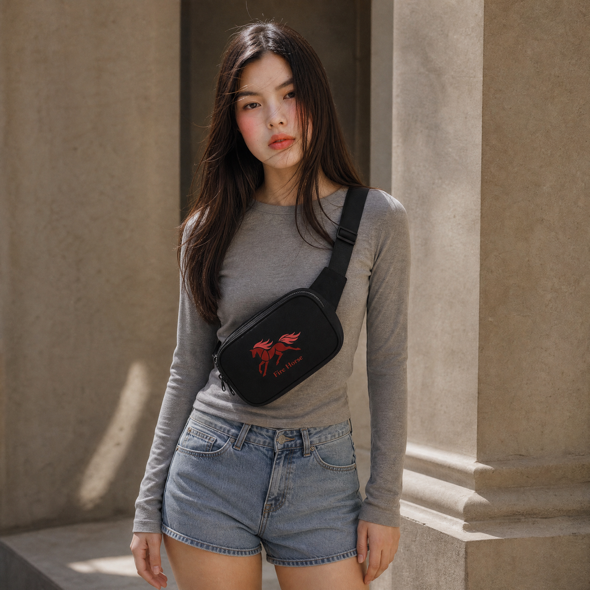 Fire Horse embroidered crossbody bag worn across the body