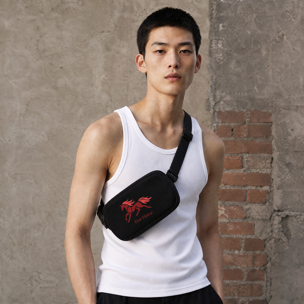 A man wear Black Fire Horse embroidered crossbody bag