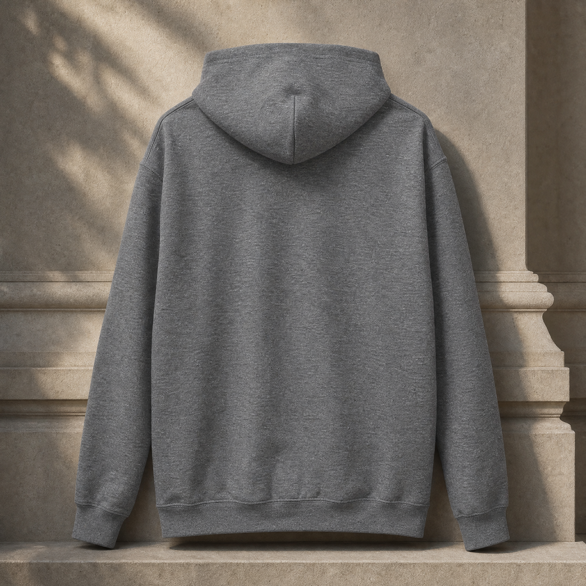Grey Fire Horse hoodie back view showing hood and fleece construction