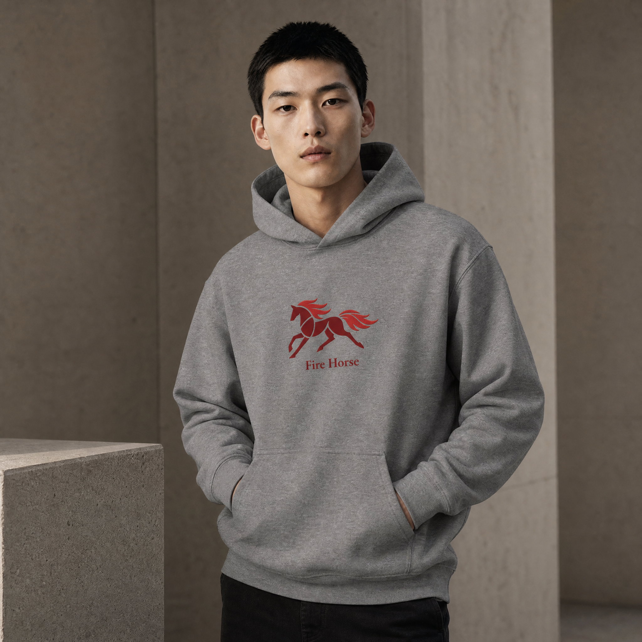 On-model view of Fire Horse embroidered hoodie in grey