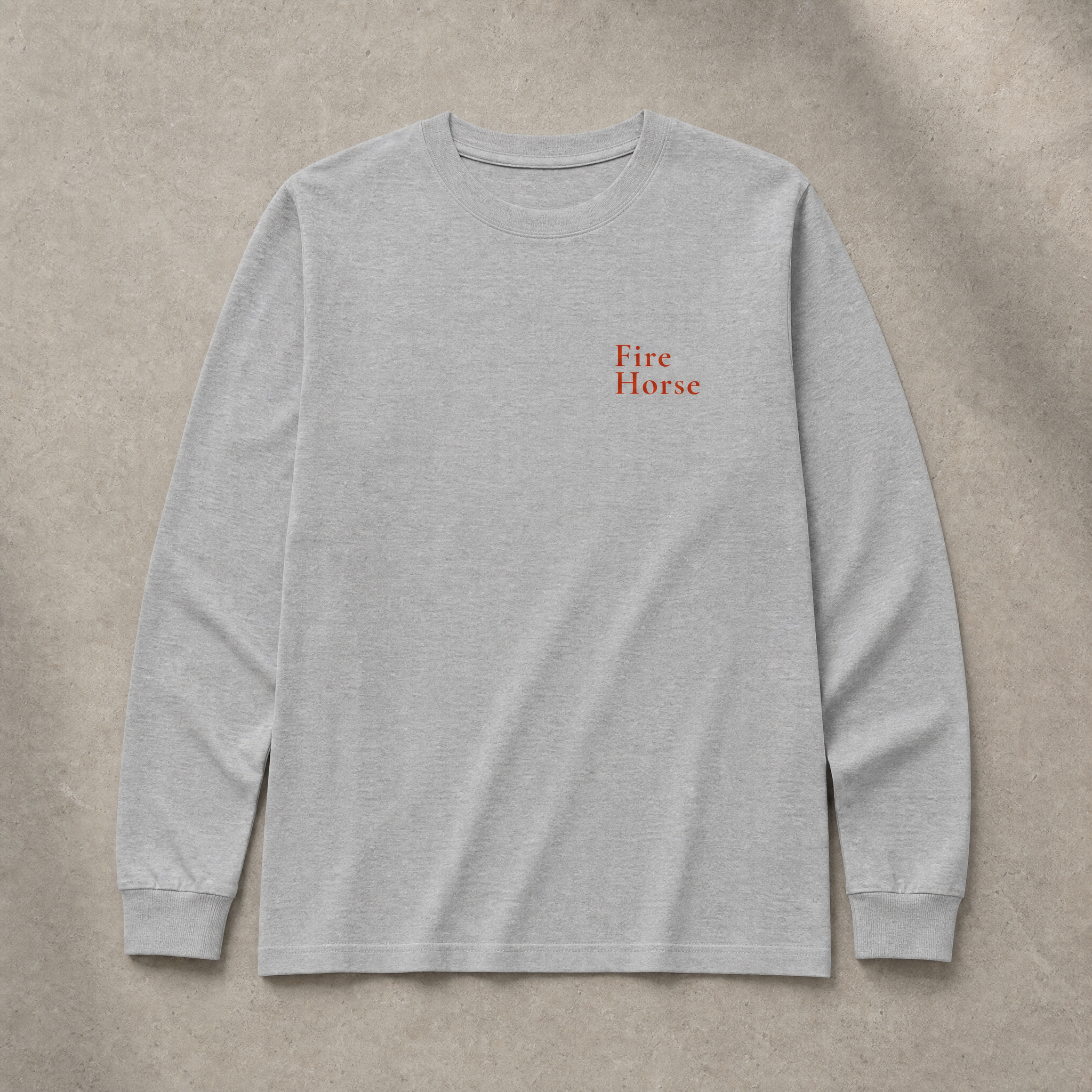 Grey Fire Horse long sleeve tee front view with DTG-printed chest wordmark