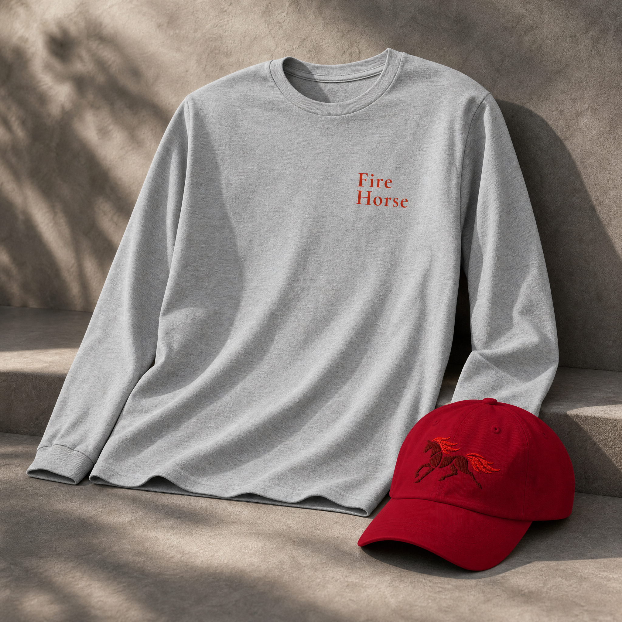 Close-up of DTG-printed Fire Horse artwork on long sleeve tee