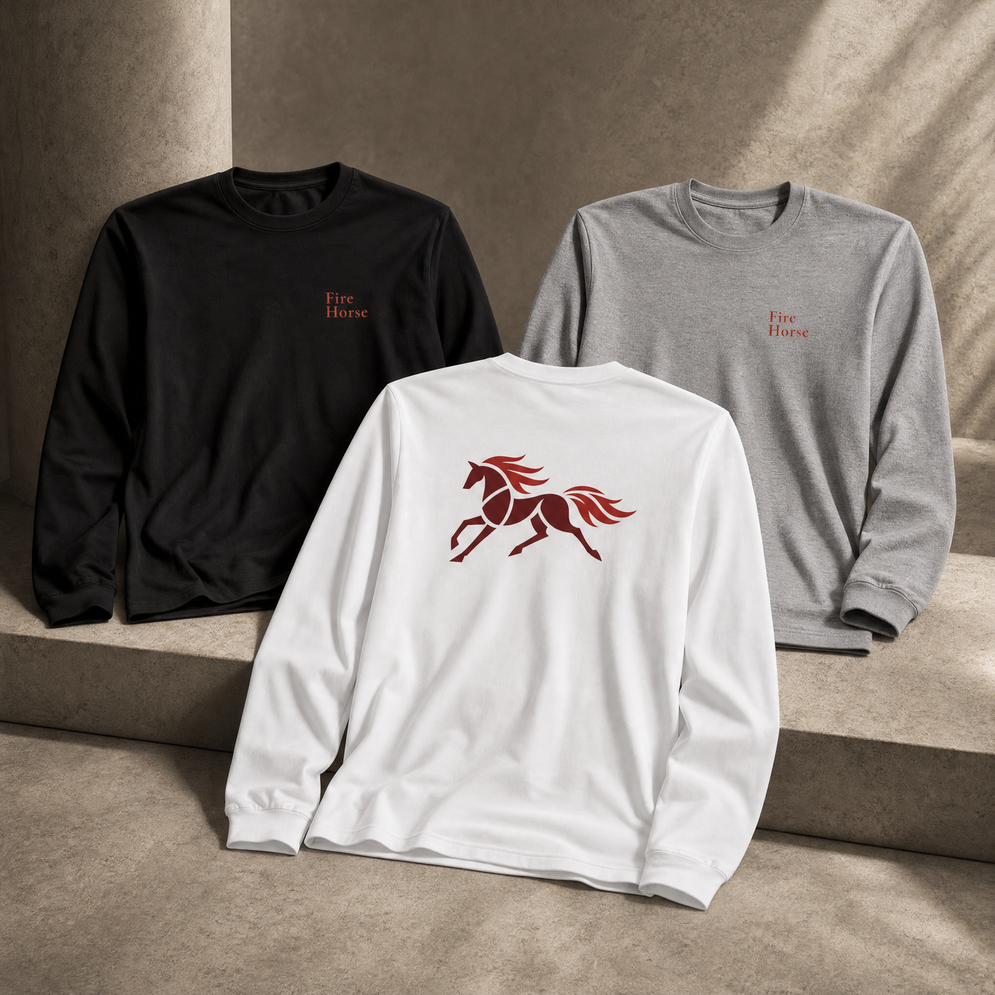 Fire Horse long sleeve tees shown in white, black, and grey