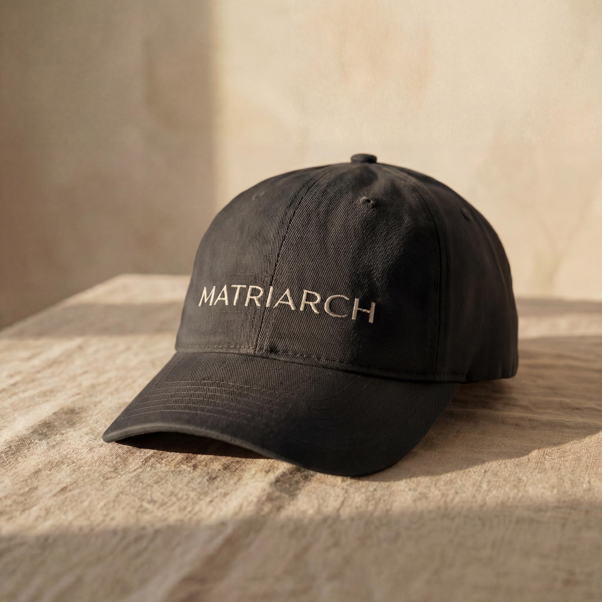 Black MATRIARCH embroidered cap shown from a side angle.