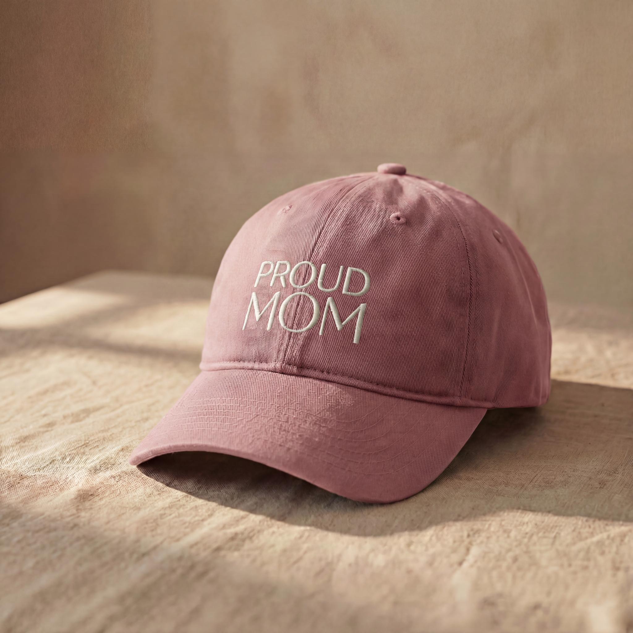 Pink PROUD MOM embroidered cap from the Atlas Stitch Mother Capsule.