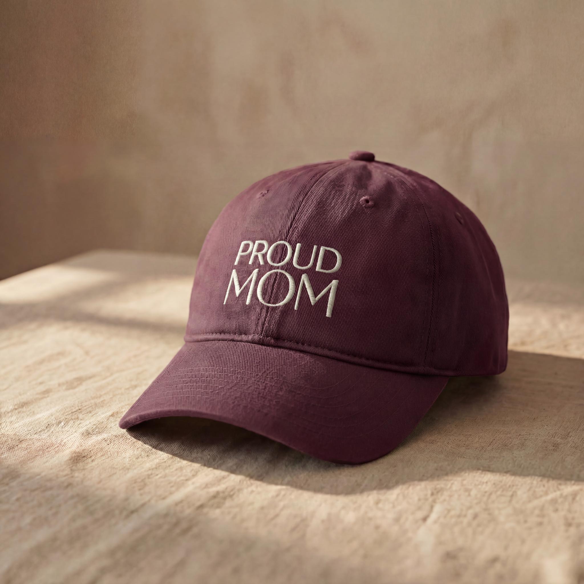 Burgundy PROUD MOM embroidered cap from the Atlas Stitch Mother Capsule.
