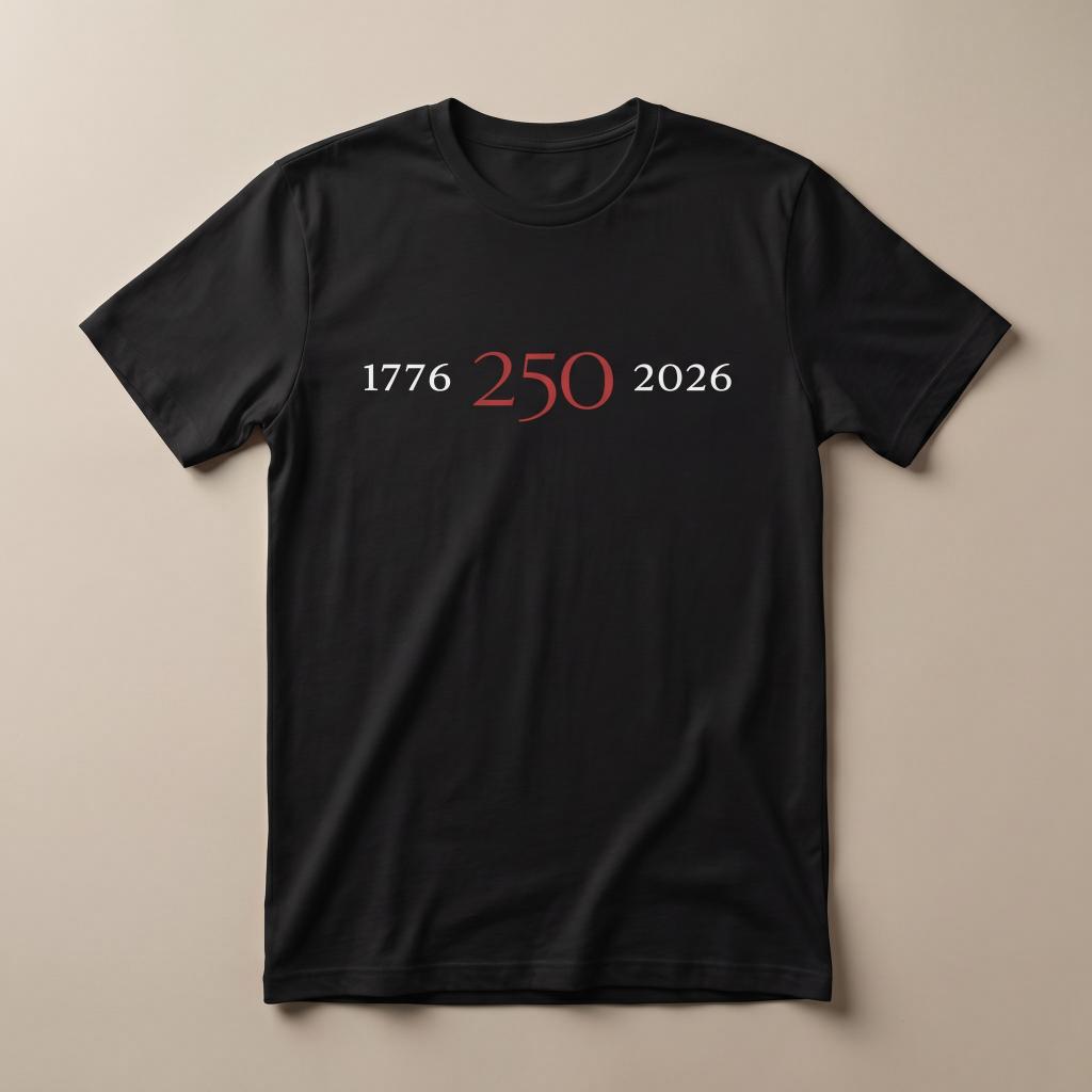 Black 1776–2026 graphic tee with red “250” center design on the front.