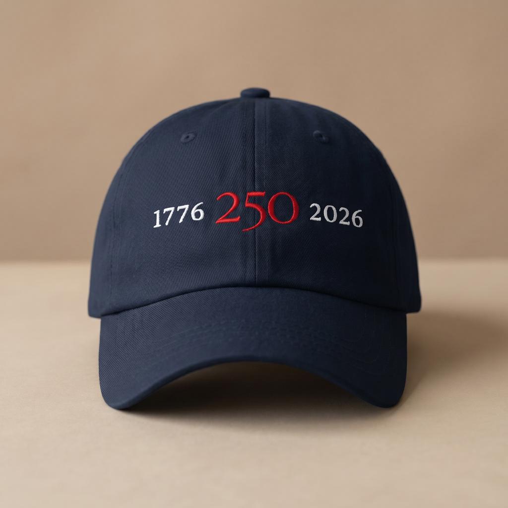 Navy 1776–2026 hat with red and white front design.