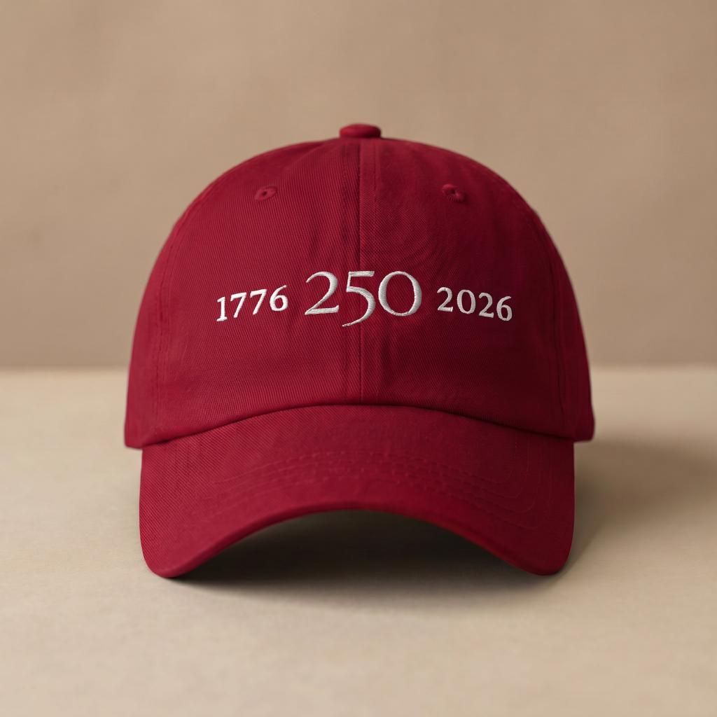 Red 1776–2026 embroidered hat with white “250” center embroidery on the front.