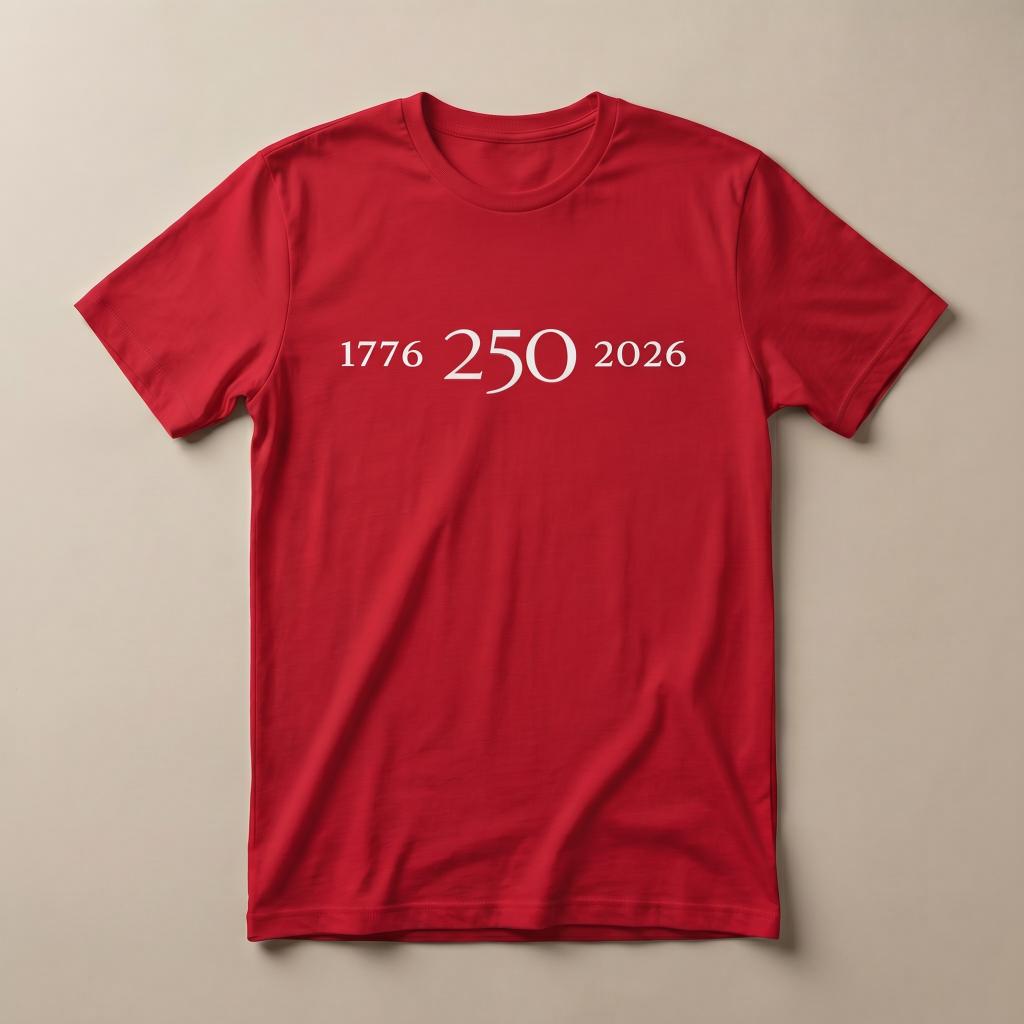 Red 1776–2026 graphic tee with white “250” center design on the front.