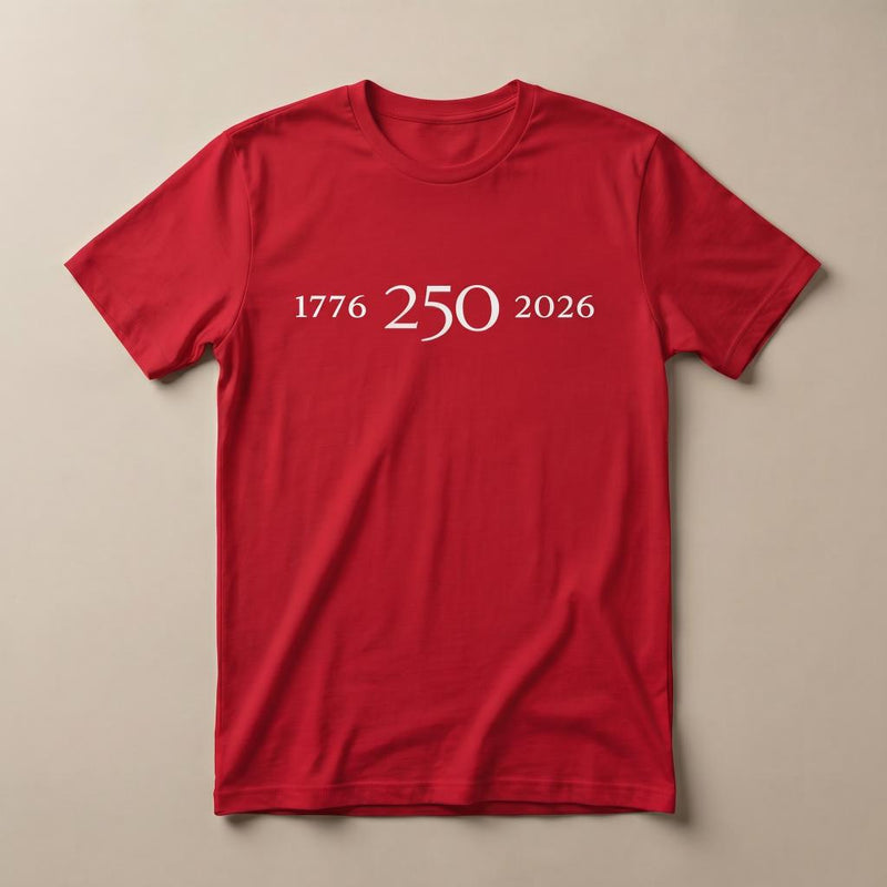 Red 1776–2026 graphic tee with white “250” center design on the front.