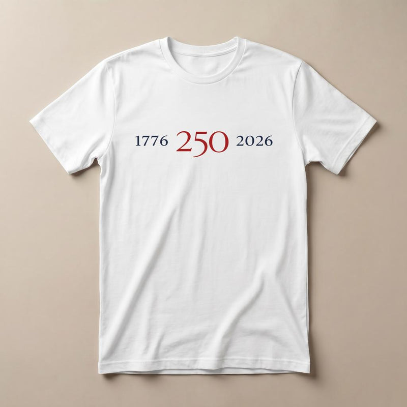 White 1776–2026 graphic tee with red “250” center design on the front.
