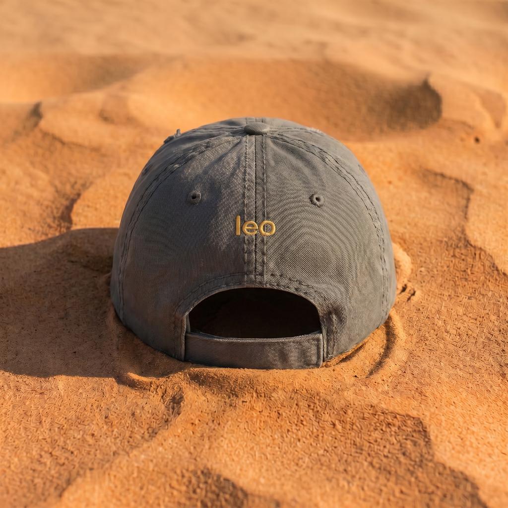 Charcoal Leo embroidered cap with adjustable back strap visible.