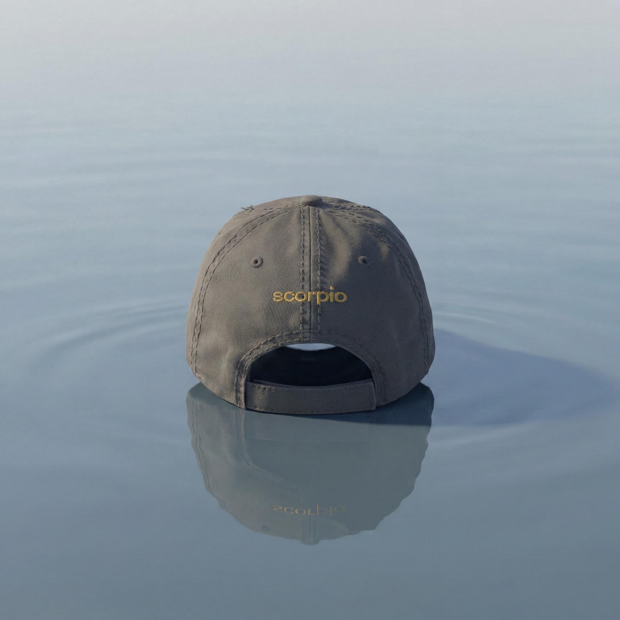 Charcoal Scorpio embroidered cap with adjustable back strap visible.