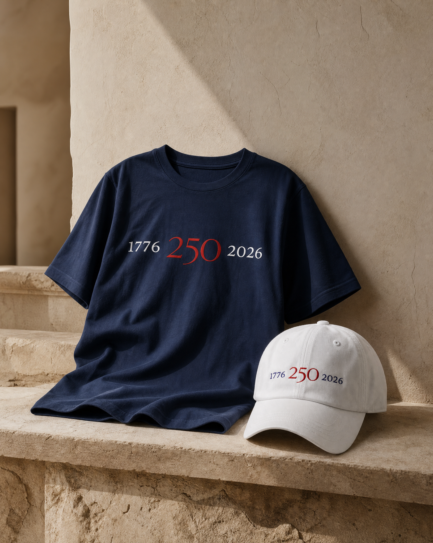 Navy 1776–2026 graphic tee and white 1776–2026 embroidered hat from Atlas Stitch on a warm neutral stone background.