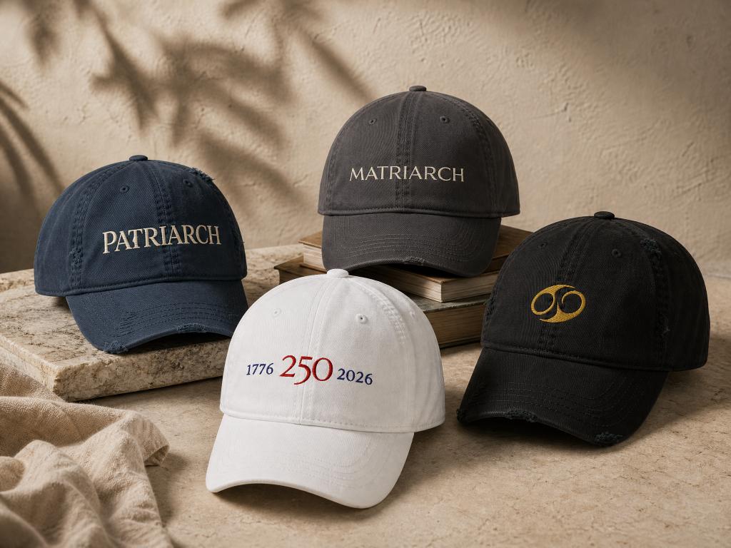 Assorted Atlas Stitch embroidered hats including 1776–2026, Mother, Father, and Zodiac caps.
