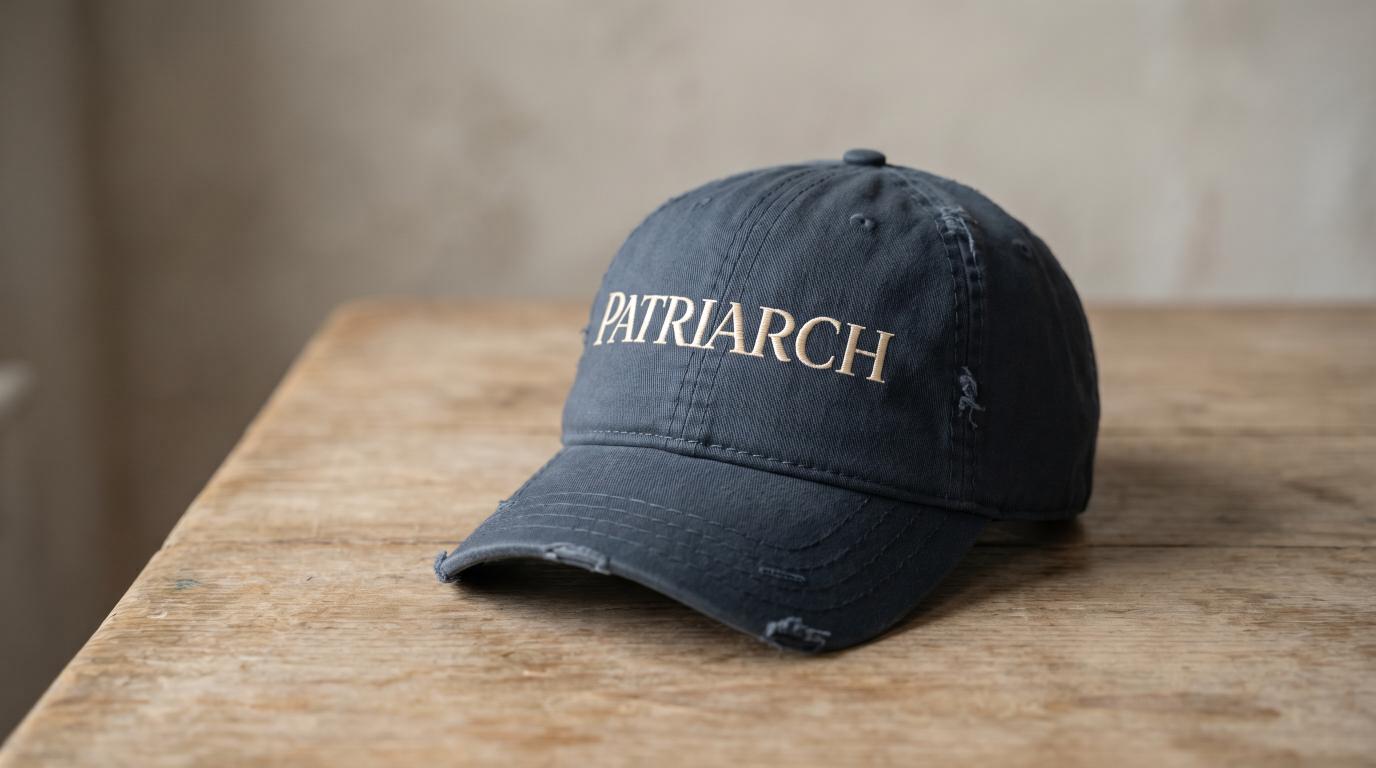 Navy PATRIARCH embroidered hat from the Atlas Stitch Father Capsule on a rustic wood surface.